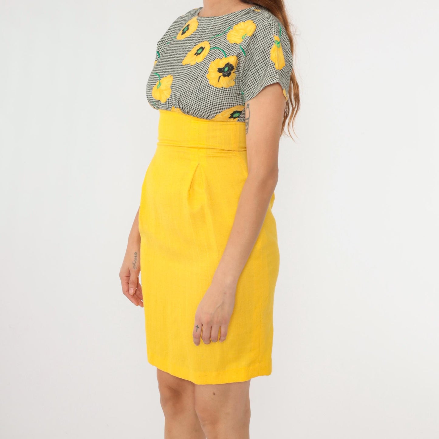 80s Yellow Floral Black Gingham Empire Waist Mini Dress Pleated Small
