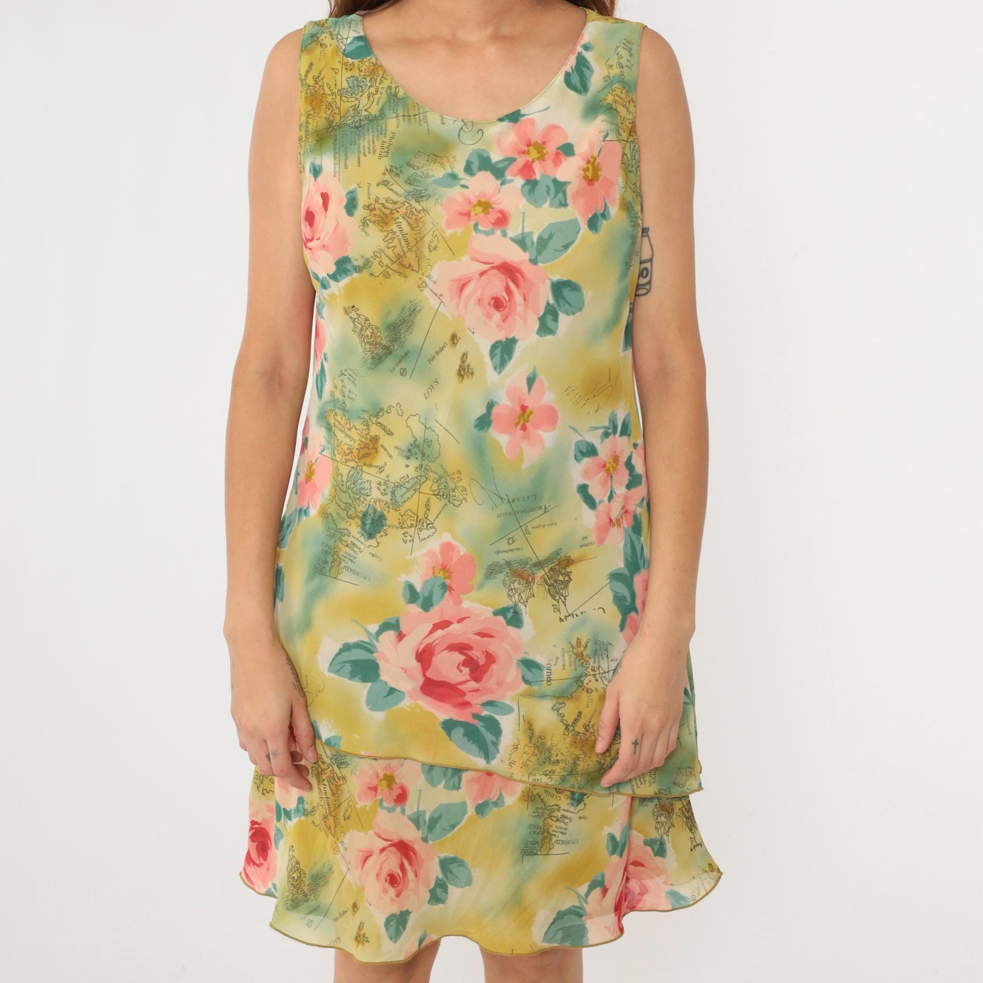 Y2K Tropical Map Floral Mini Sundress Asymmetrical Tiered Hem Pink Medium