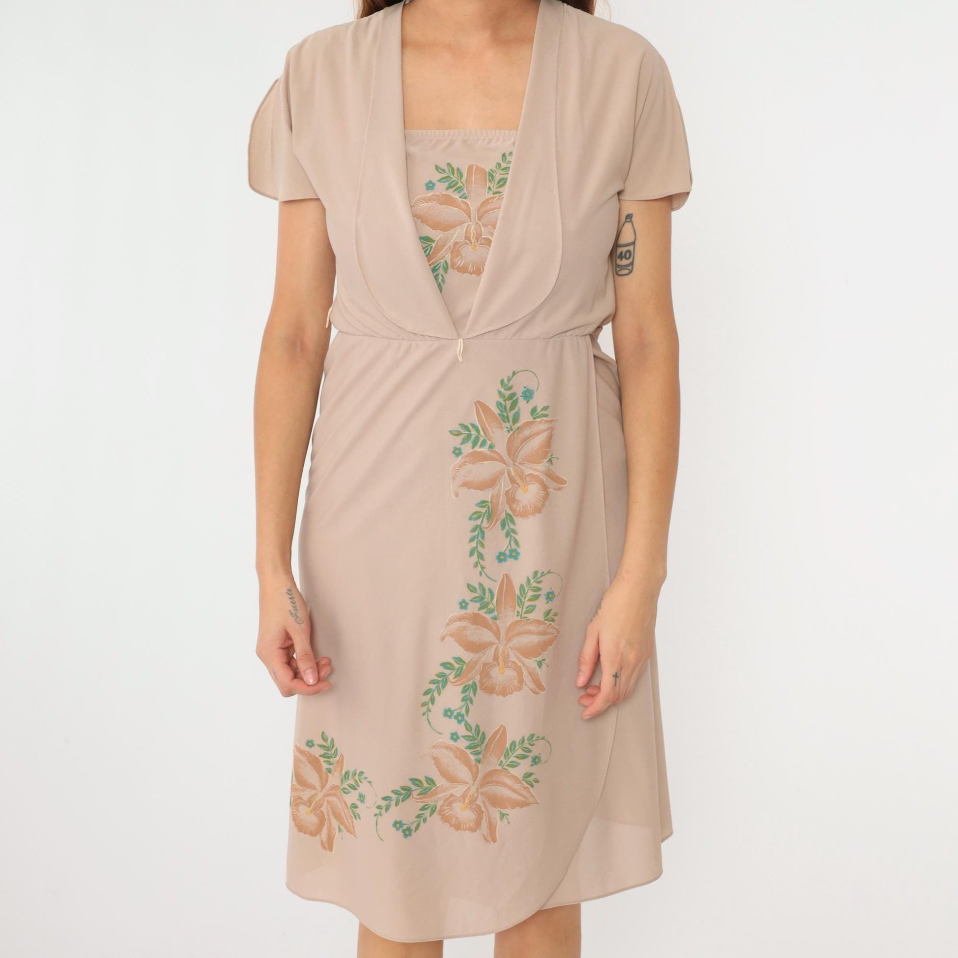 70s Floral Midi Dress Taupe Orchid High Waist Attached Jacket Small