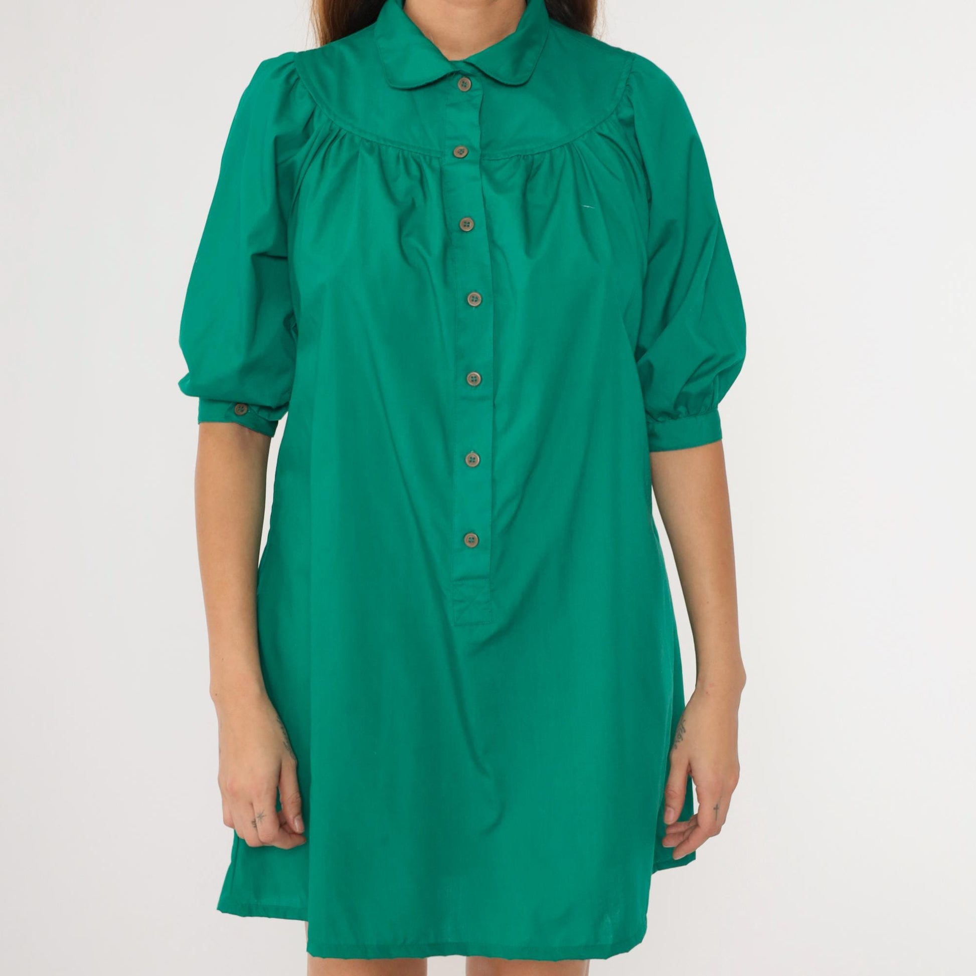 70s Green Yoke Shirtdress Peter Pan Collar Puff Sleeve A-Line Medium