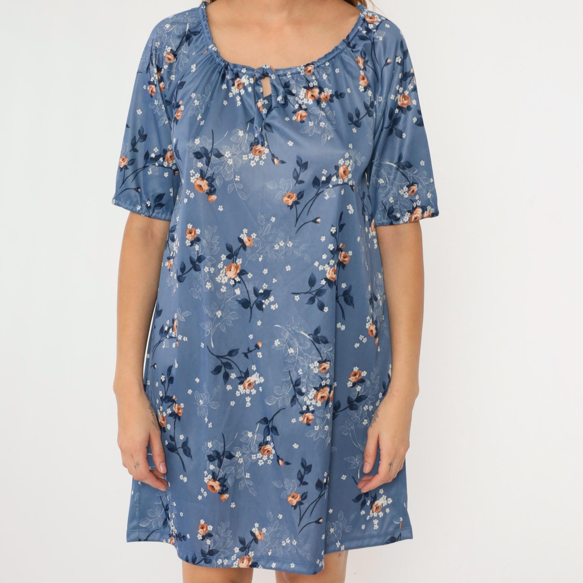 70s Blue Floral Mini Dress Keyhole Neck Shift Short Sleeve Medium Large