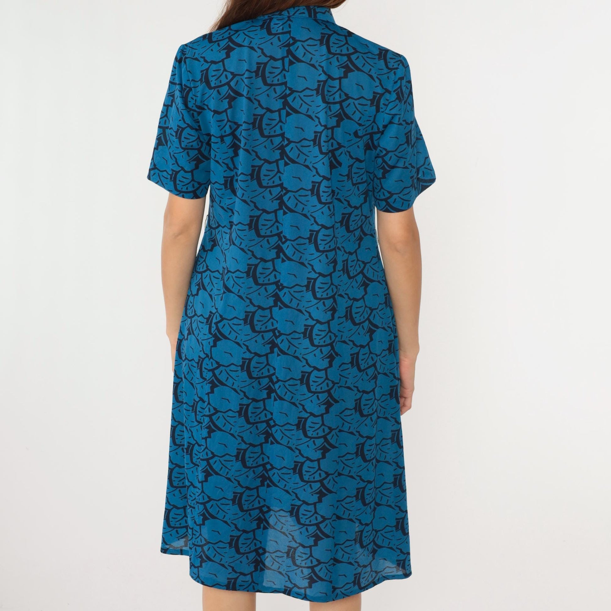 80s Abstract Floral Midi Shirtdress Button-Up Short Sleeve Black Blue Medium Large