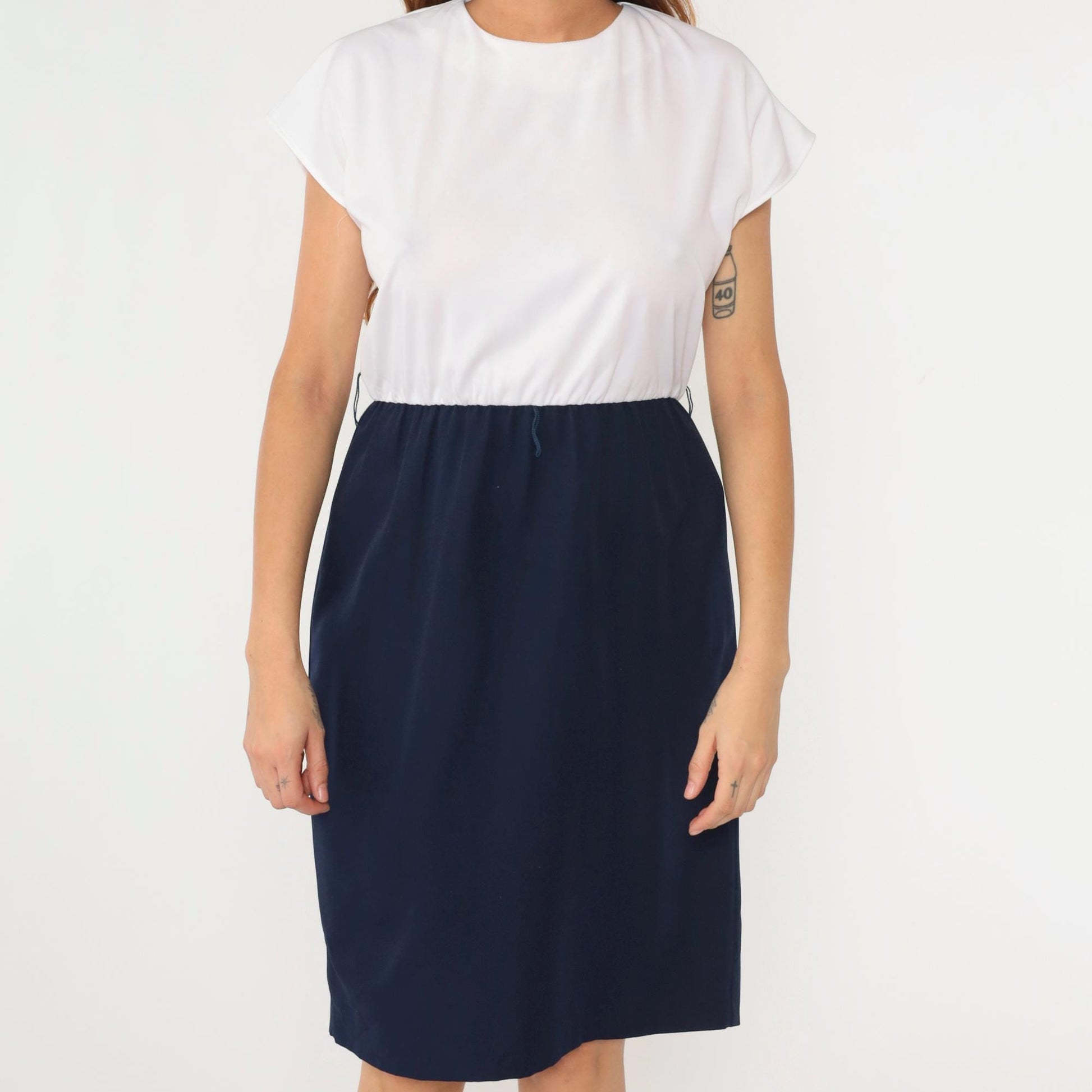 70s Color Block Midi Dress White Navy Cap Sleeve High Waist Medium Petite