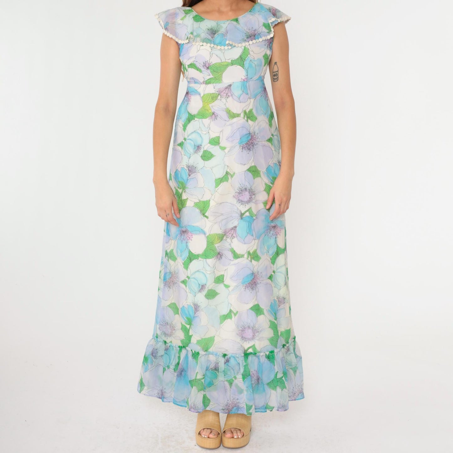 70s Floral Chiffon Maxi Dress Blue Green Ruffle Hem Open Back Small