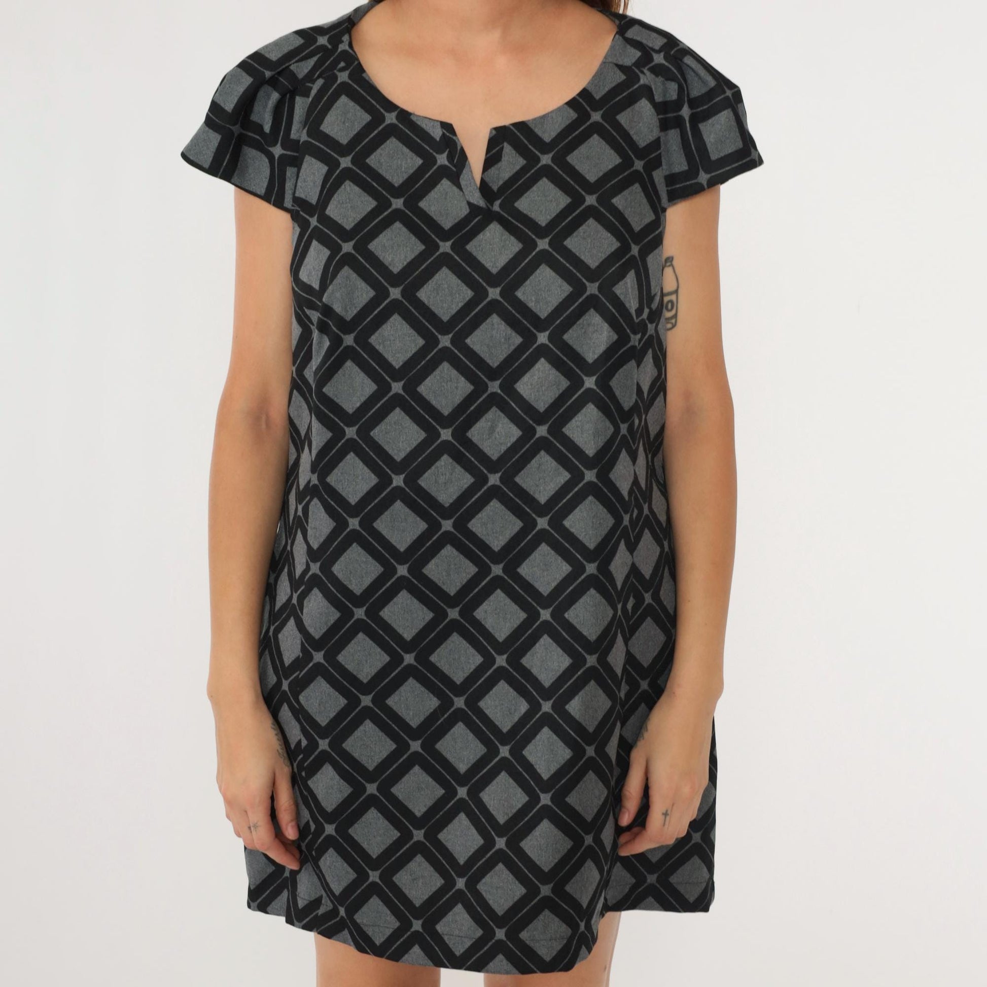 90s Robbie Bee Geometric Mini Dress Grey Black V-Neck Puff Sleeve Large
