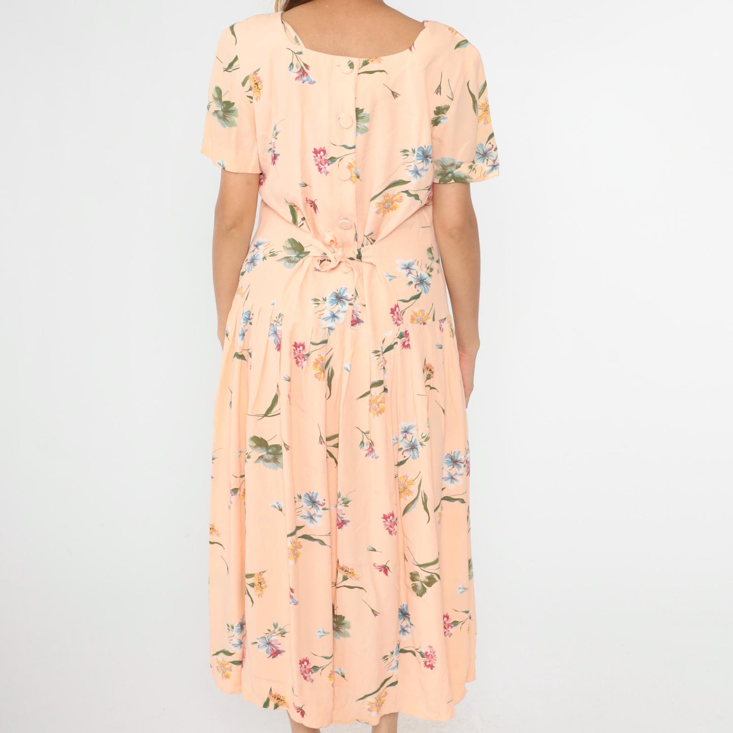90s Talbots Peach Floral Maxi Dress Drop Waist Pleated Button Back Large