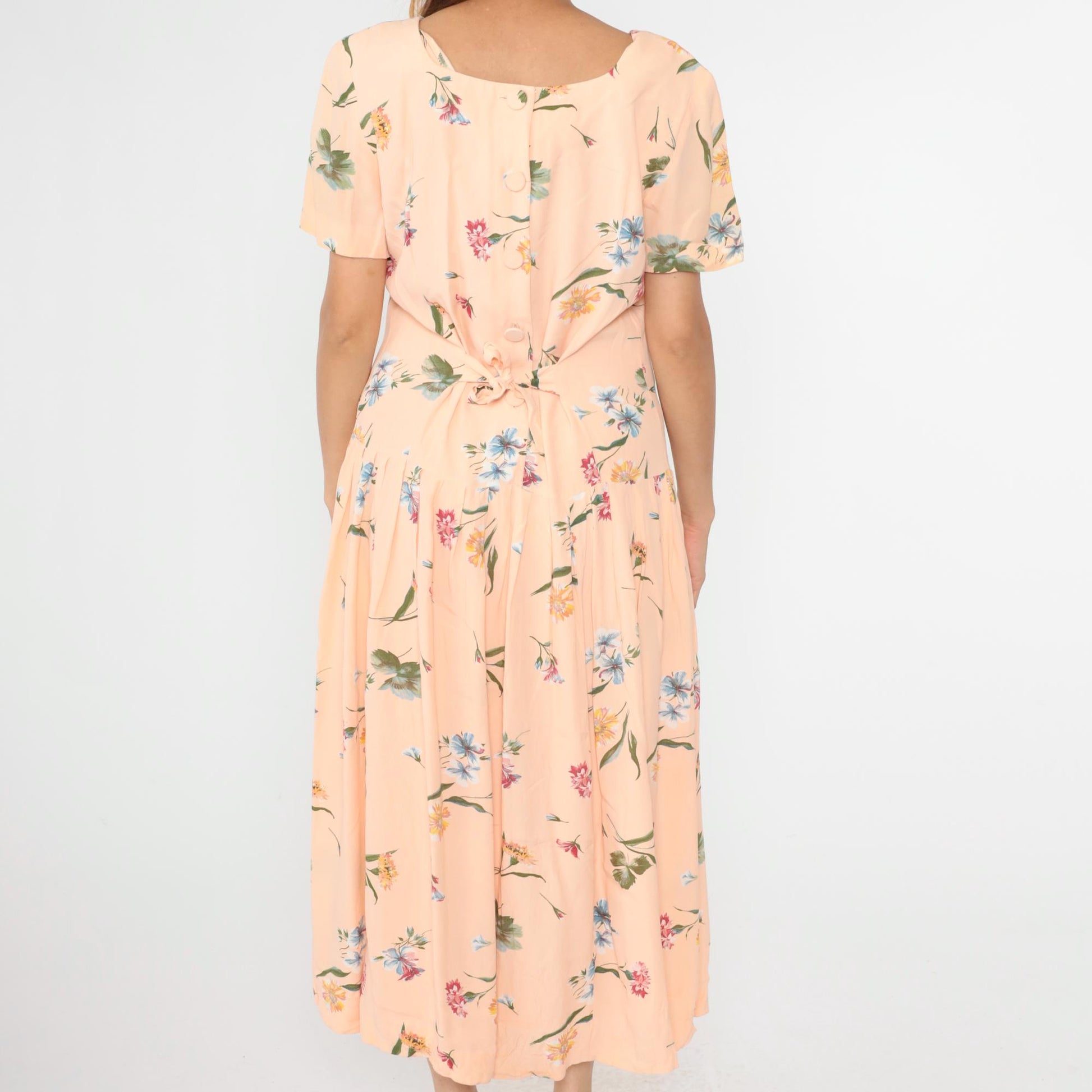 90s Talbots Peach Floral Maxi Dress Drop Waist Pleated Button Back Large
