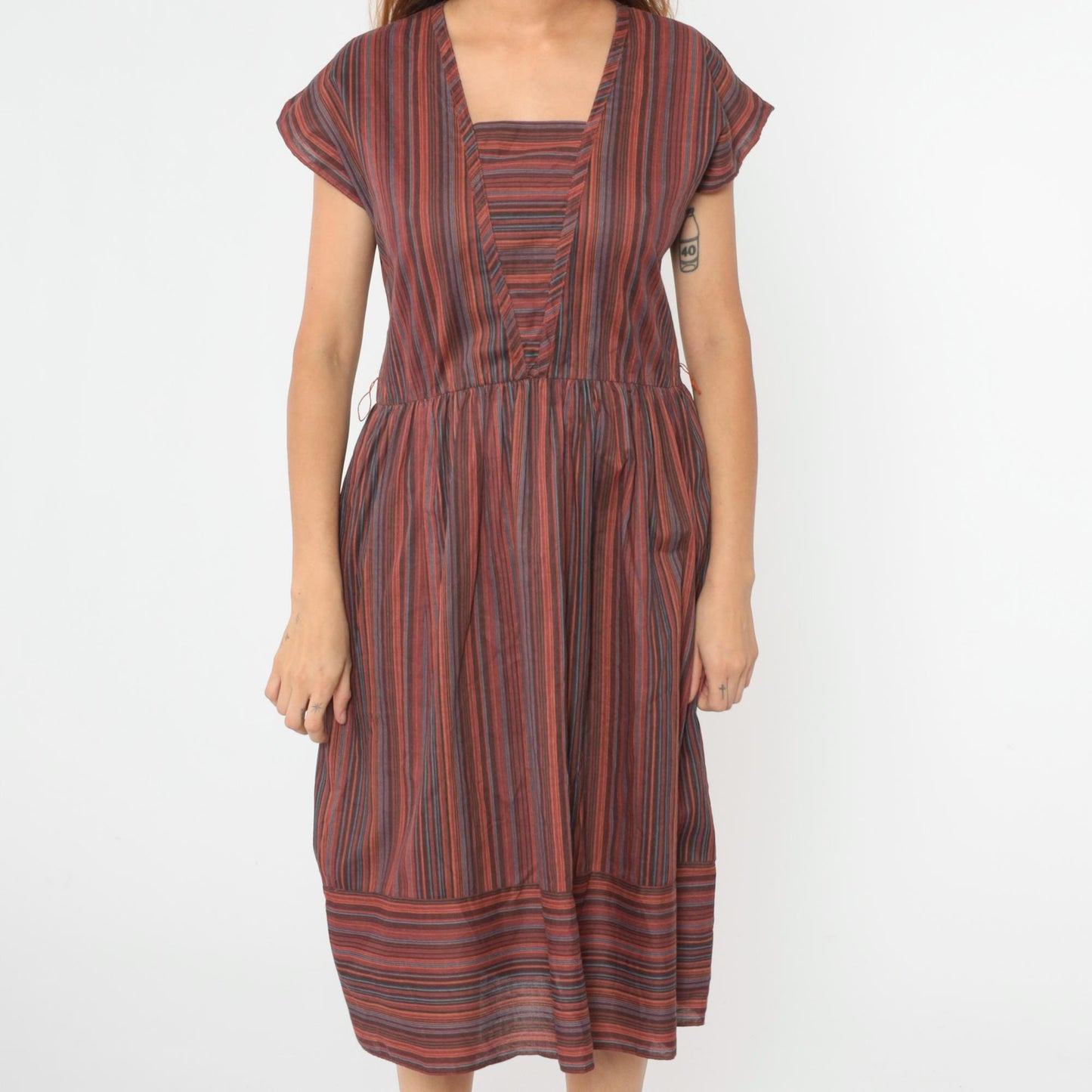 80s Multicolor Striped Midi Dress Keyhole Back Square Neck Cap Sleeve Medium