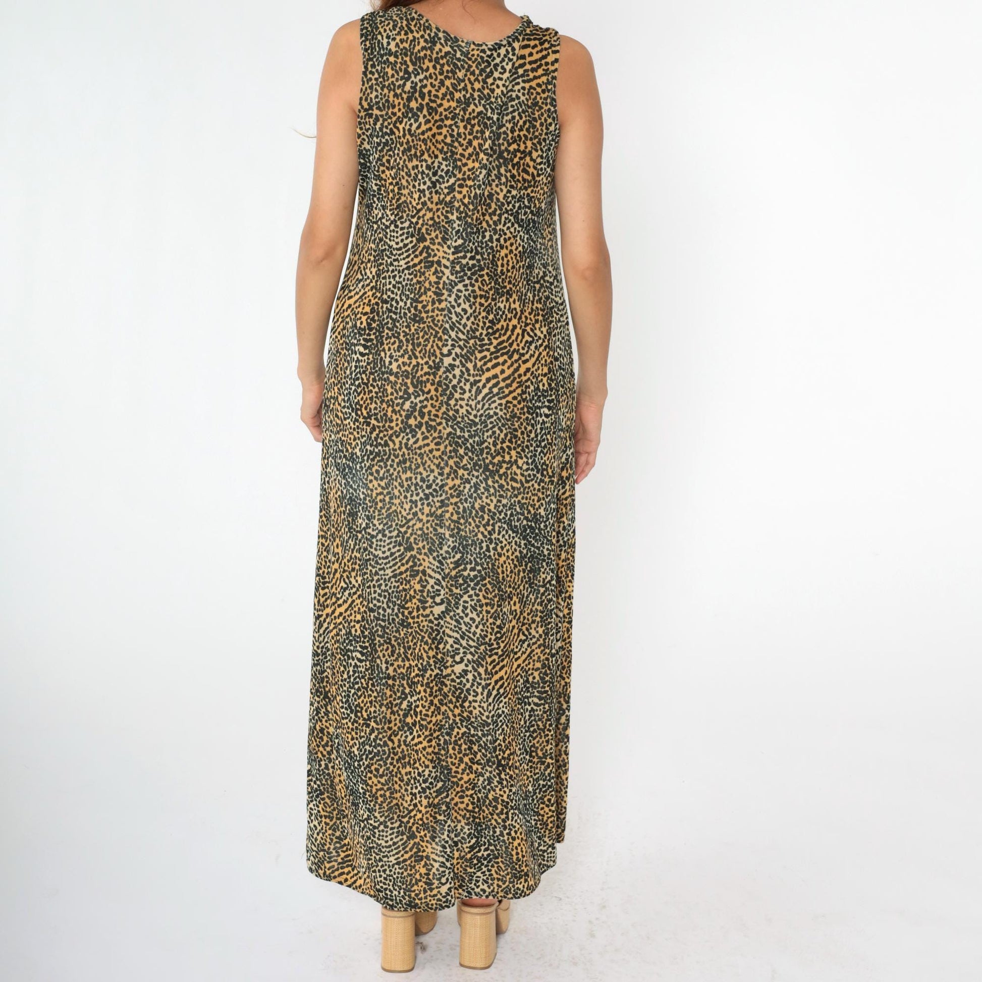 90s Kathie Lee Leopard Print Maxi Dress Sleeveless Column Medium