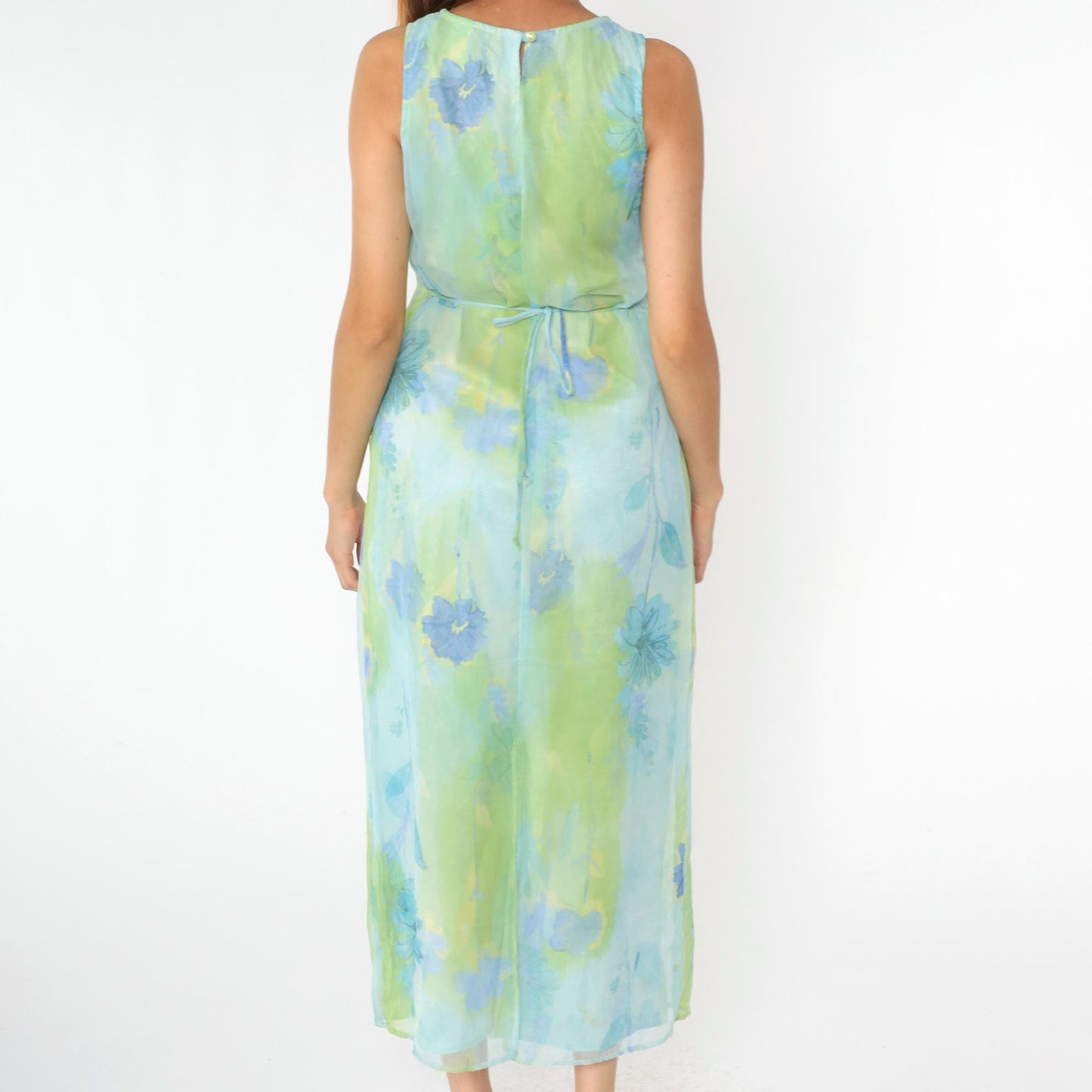 90s City Triangles Watercolor Floral Chiffon Midi Dress Blue Green Medium