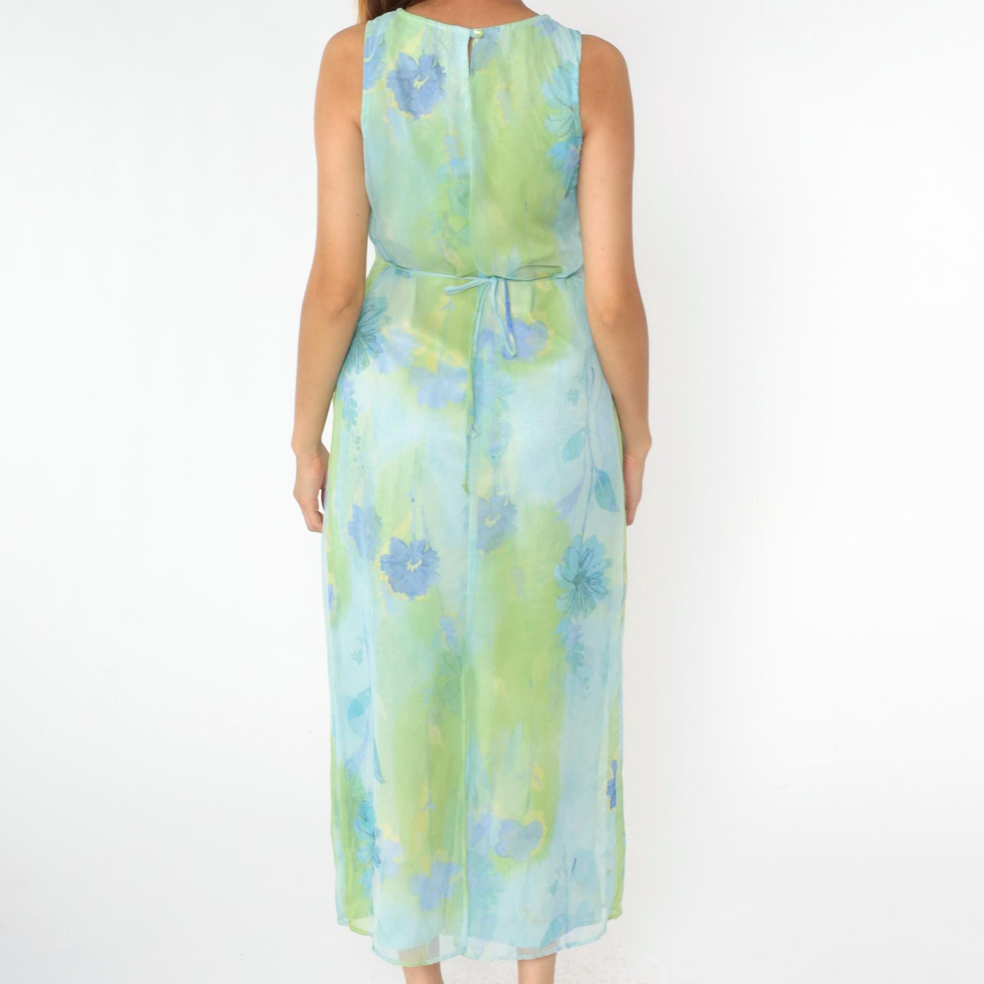 90s City Triangles Watercolor Floral Chiffon Midi Dress Blue Green Medium