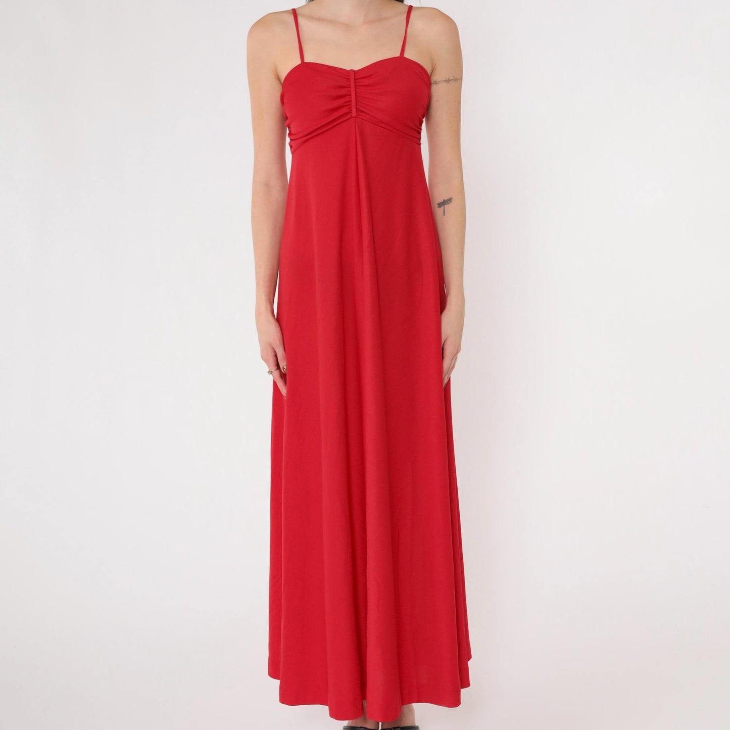 70s Red Maxi Dress Empire Waist Spaghetti Strap Gathered Bodice Extra Small