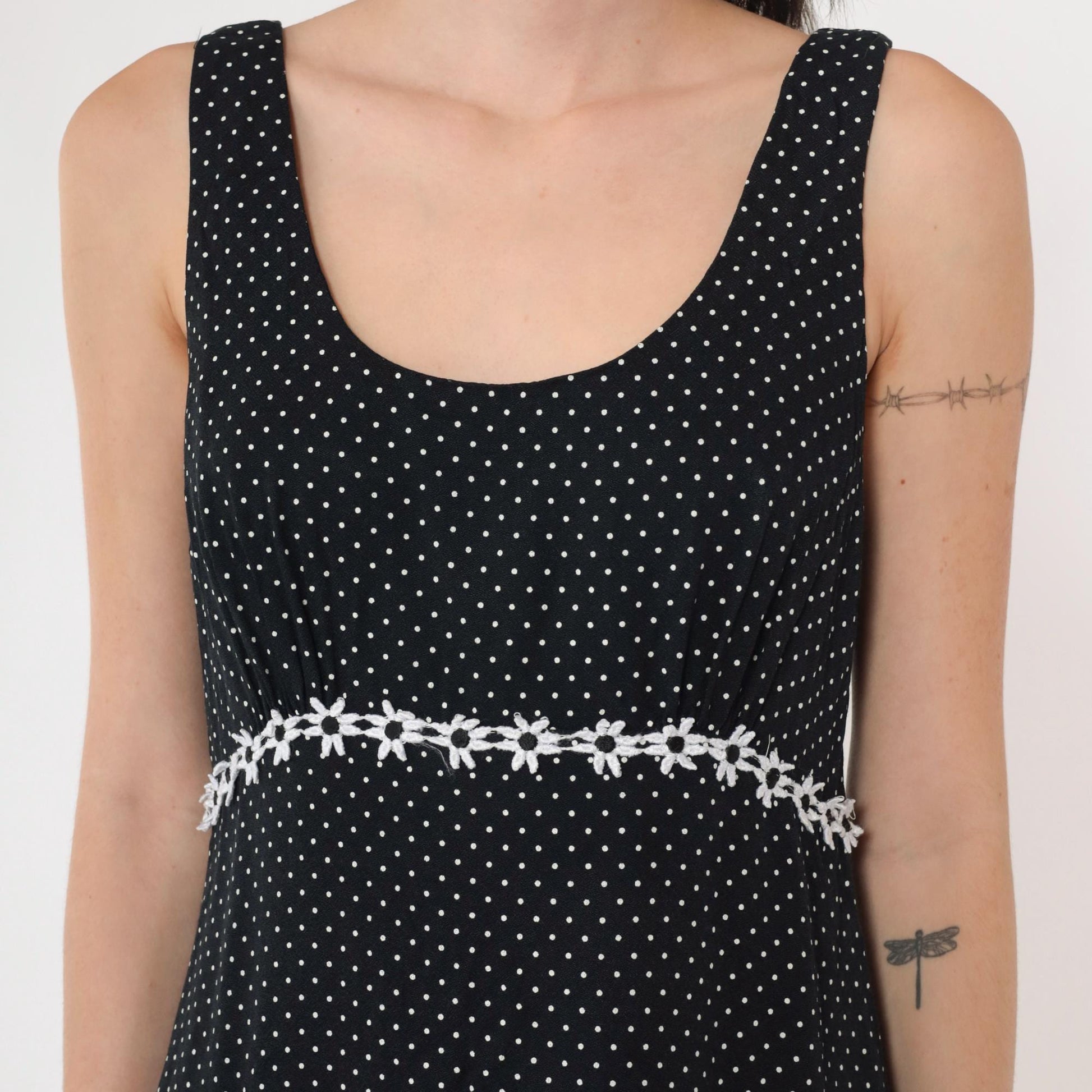 90s Black and White Polka Dot Mini Dress Empire Waist Daisy Trim Small