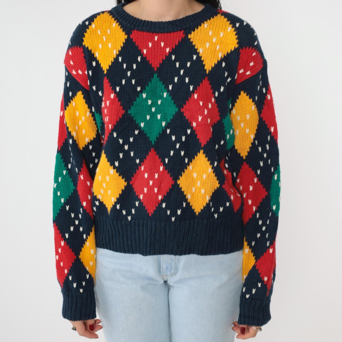 90s LizSport Argyle Sweater Navy Crewneck Pullover Cotton Ramie Medium