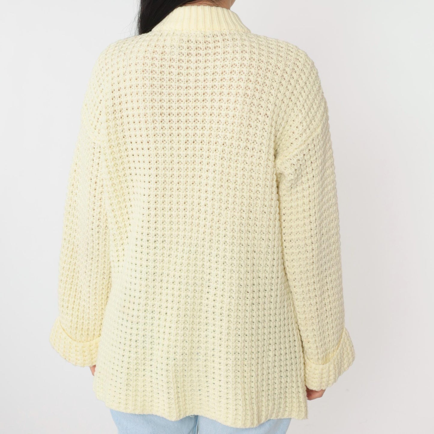 70s Cream Yellow Waffle Knit Cardigan Button-Up Ribbed Collar Pockets Medium Large