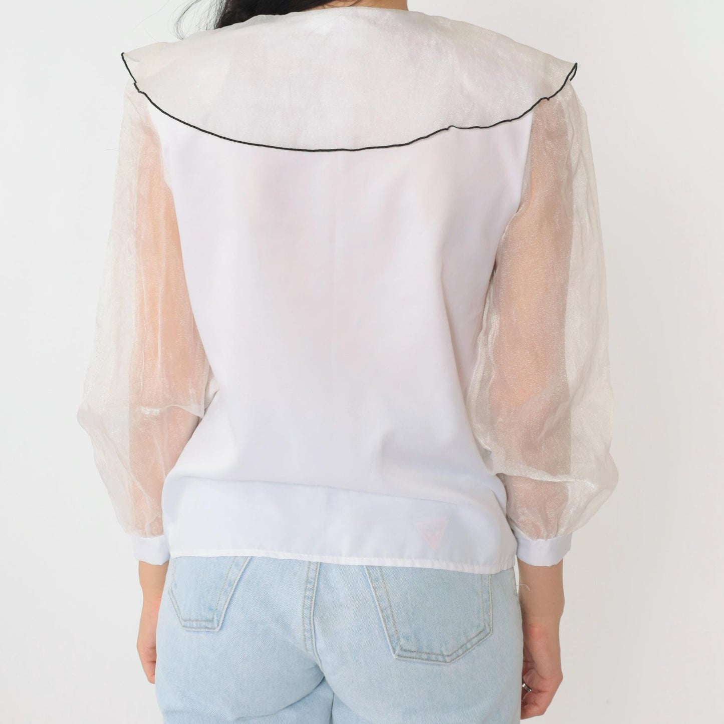 80s White Organza Puff Sleeve Blouse Peter Pan Collar Button Up Small
