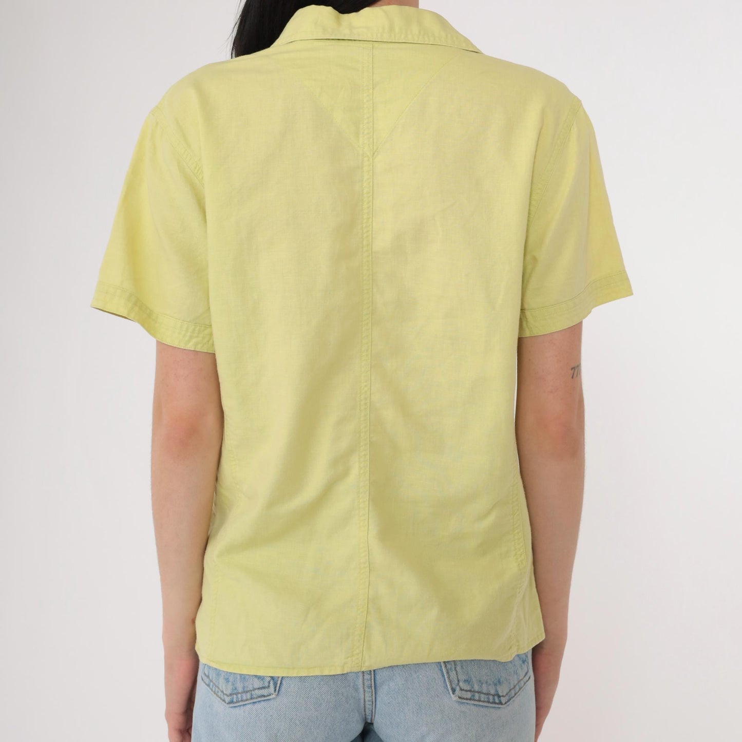 90s Bill Blass Lime Green Linen Blend Button-Up Blouse Short Sleeve Medium