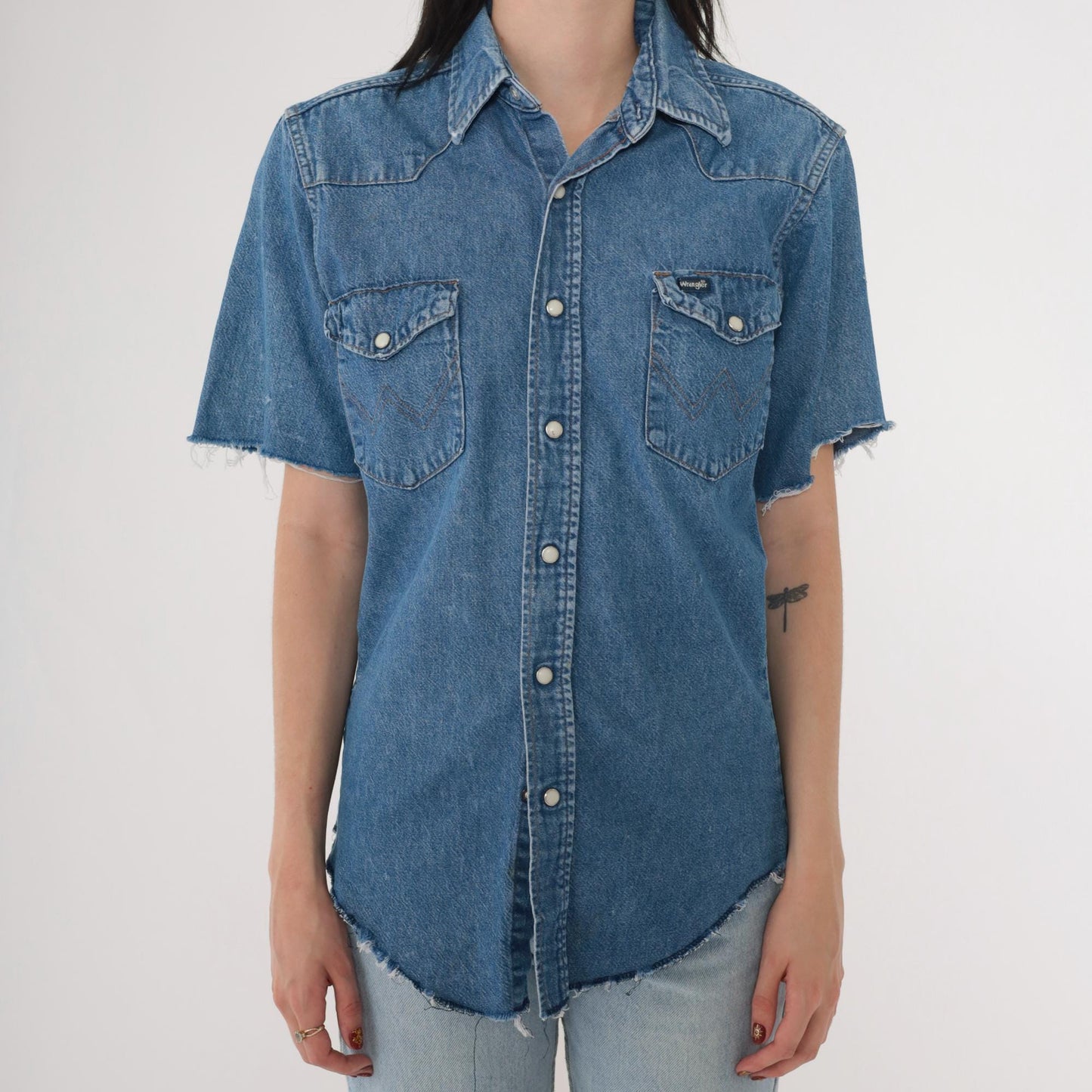 90s Wrangler Blue Denim Western Shirt Pearl Snap Cutoff Sleeves Small