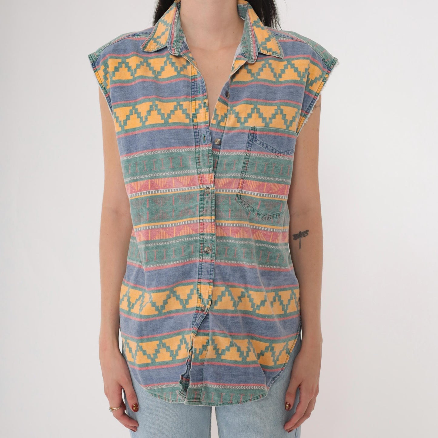 90s Quizz Southwestern Geometric Button-Up Tank Yellow Blue Green Medium