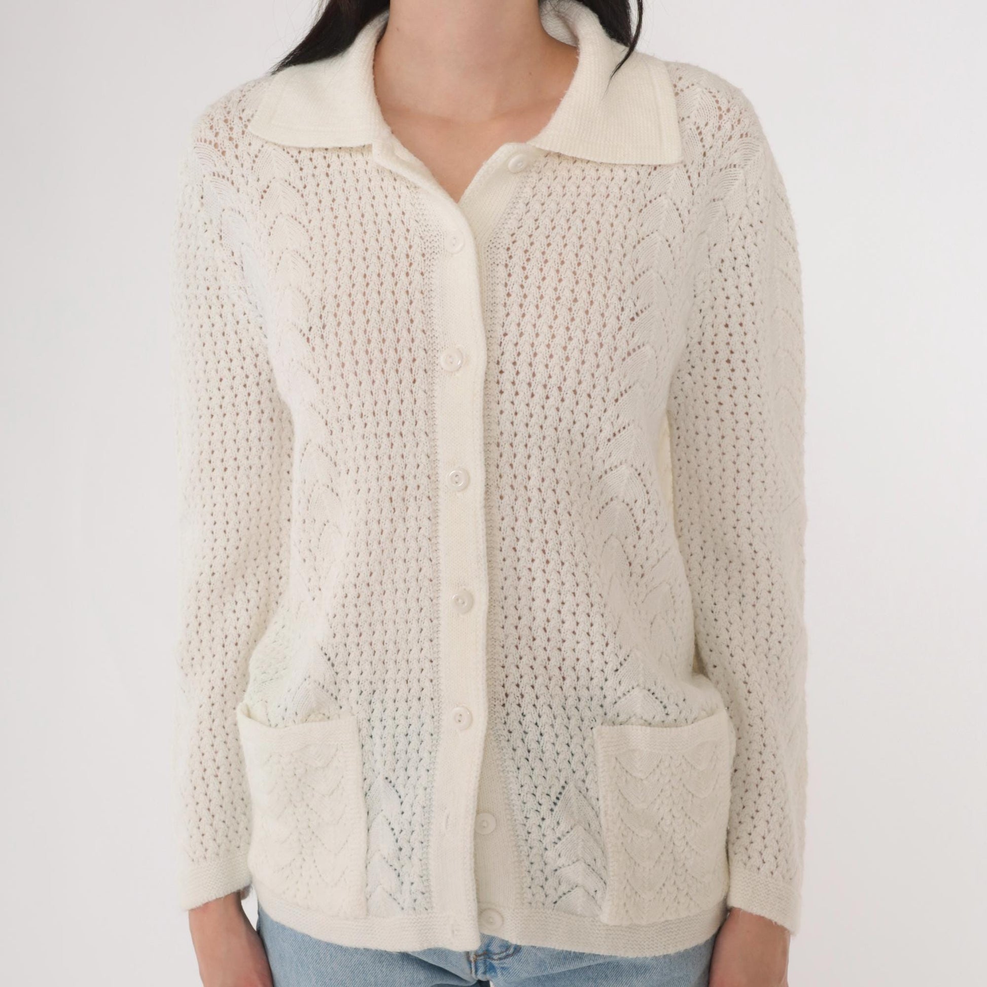 70s White Pointelle Open Weave Cardigan Button Up Knit Medium