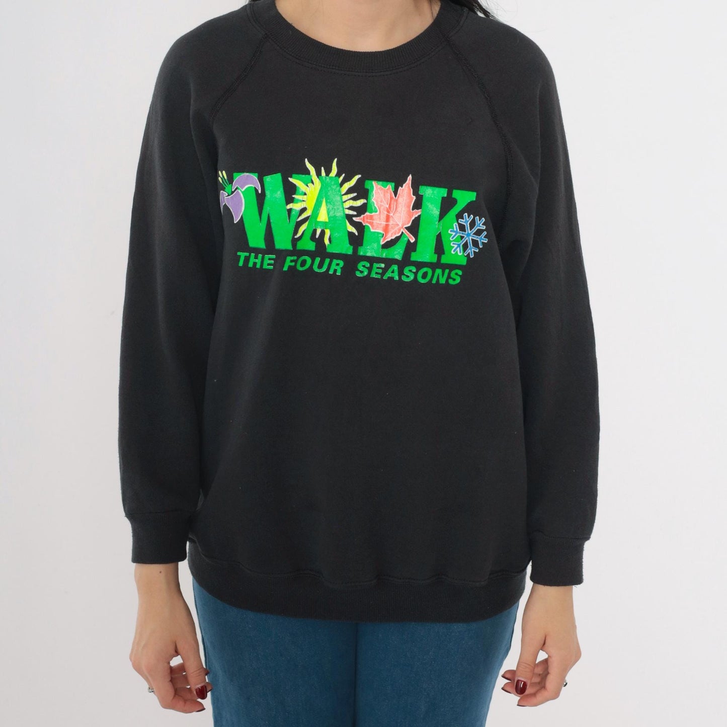 90s Lee Walk The Four Seasons Neon Graphic Sweatshirt Black Raglan Large