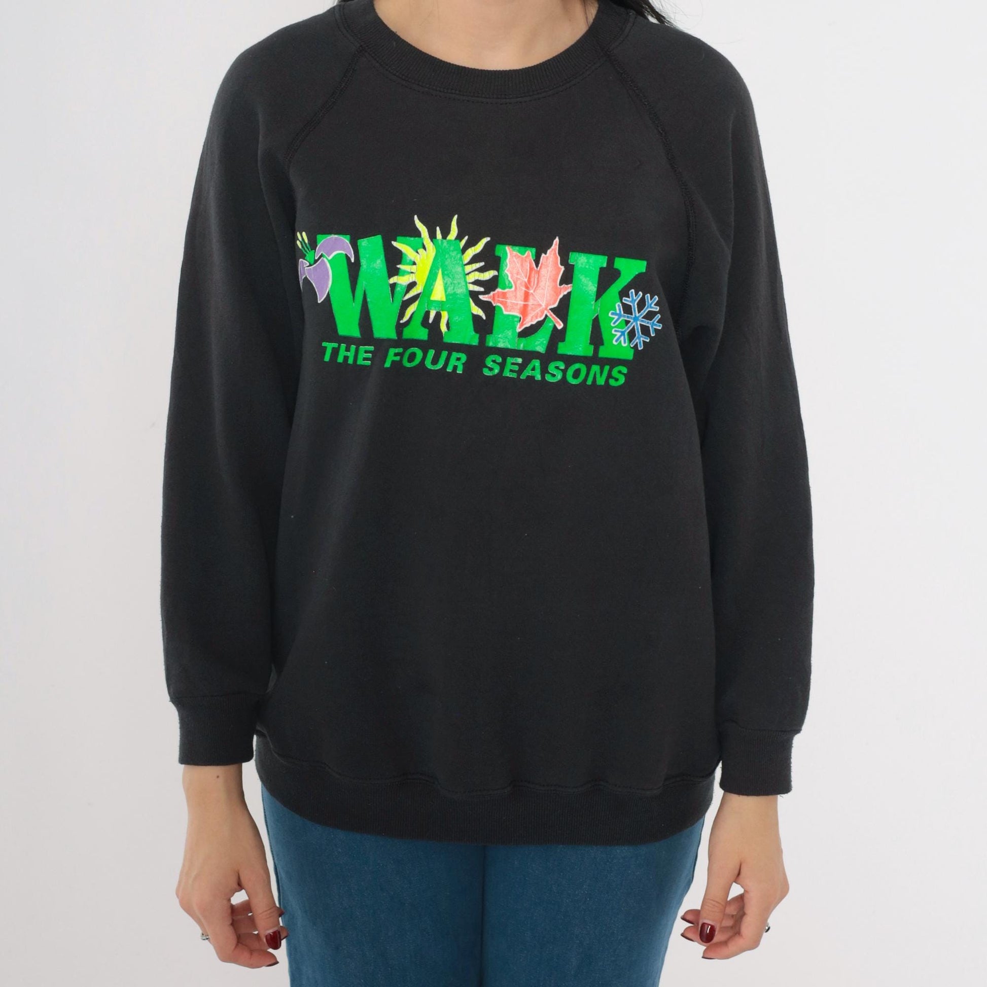 90s Lee Walk The Four Seasons Neon Graphic Sweatshirt Black Raglan Large