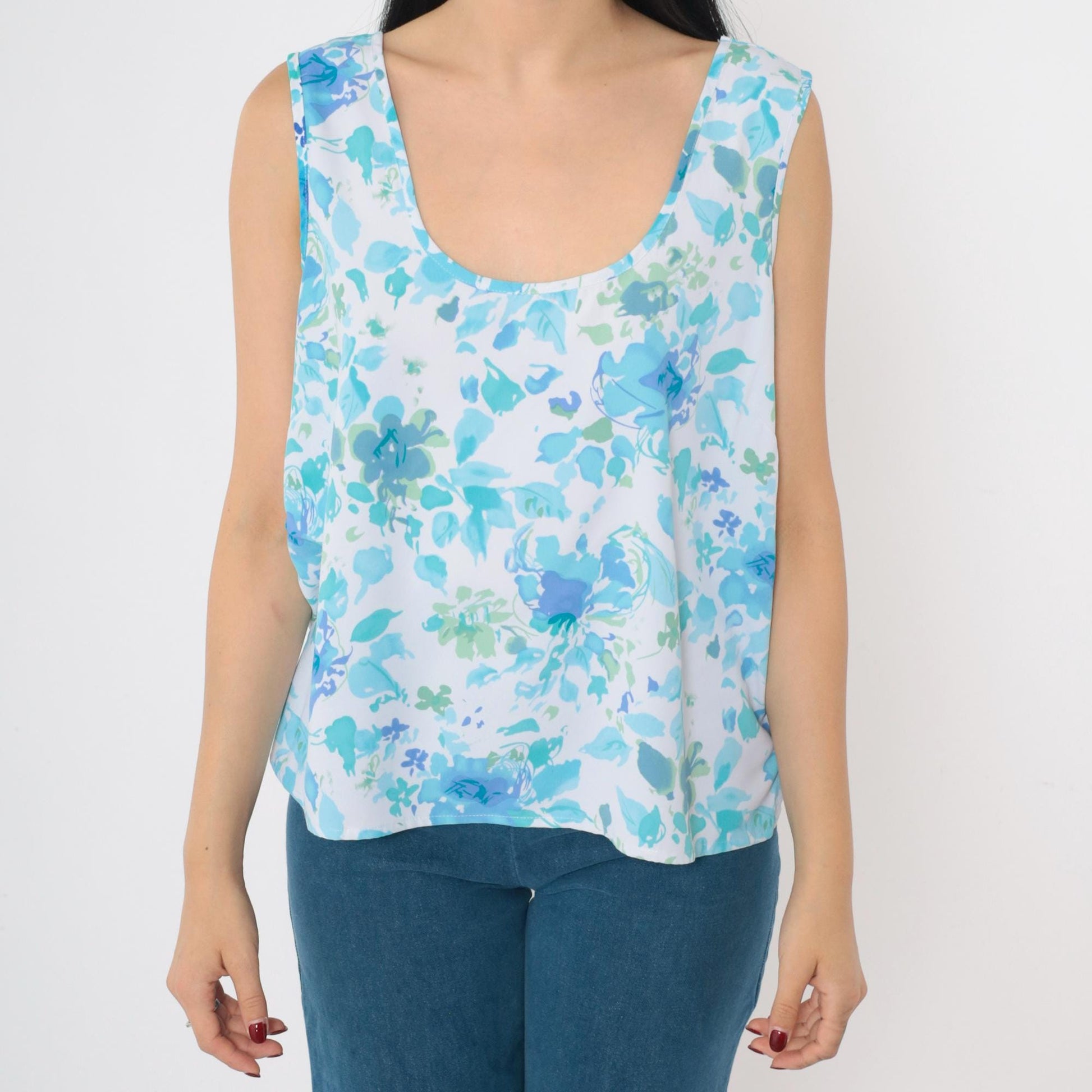 90s Apparenza Floral Tank Top Blue Abstract Print Scoop Neck Extra Large