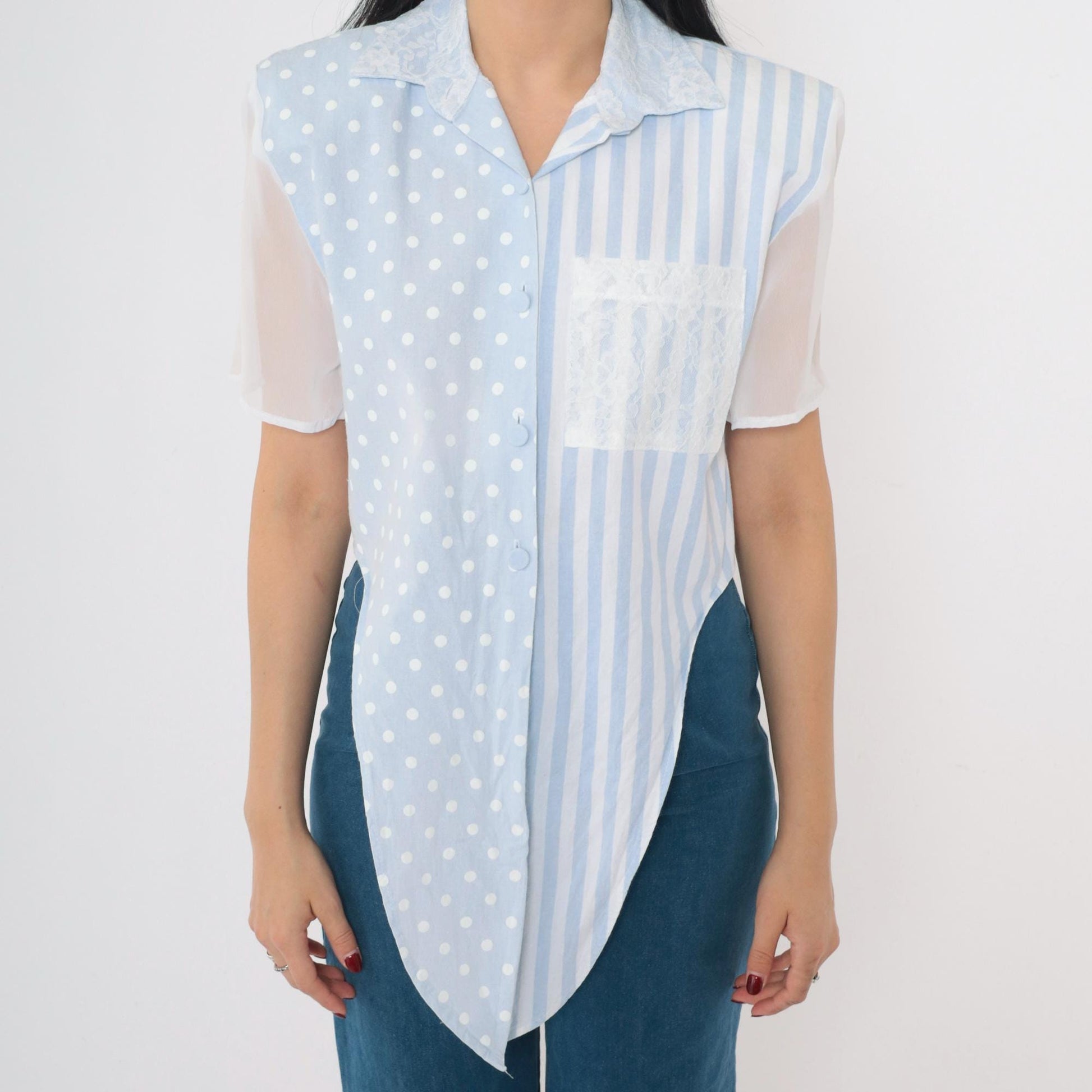 90s Baby Blue Polka Dot Striped Button Up Crop Top Chiffon Lace Small
