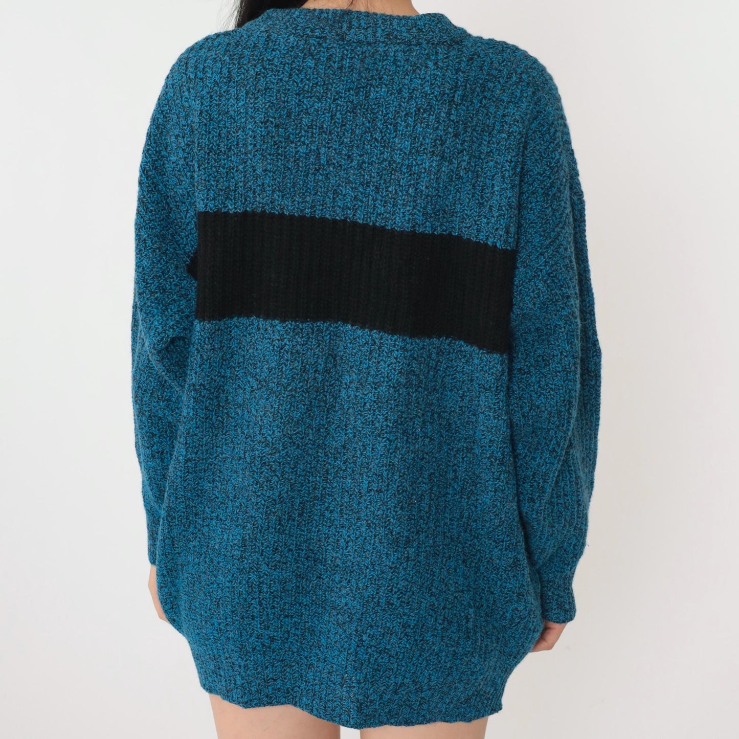 80s Wool Color Block Sweater Blue Black Striped Crewneck Pullover Men's Medium M