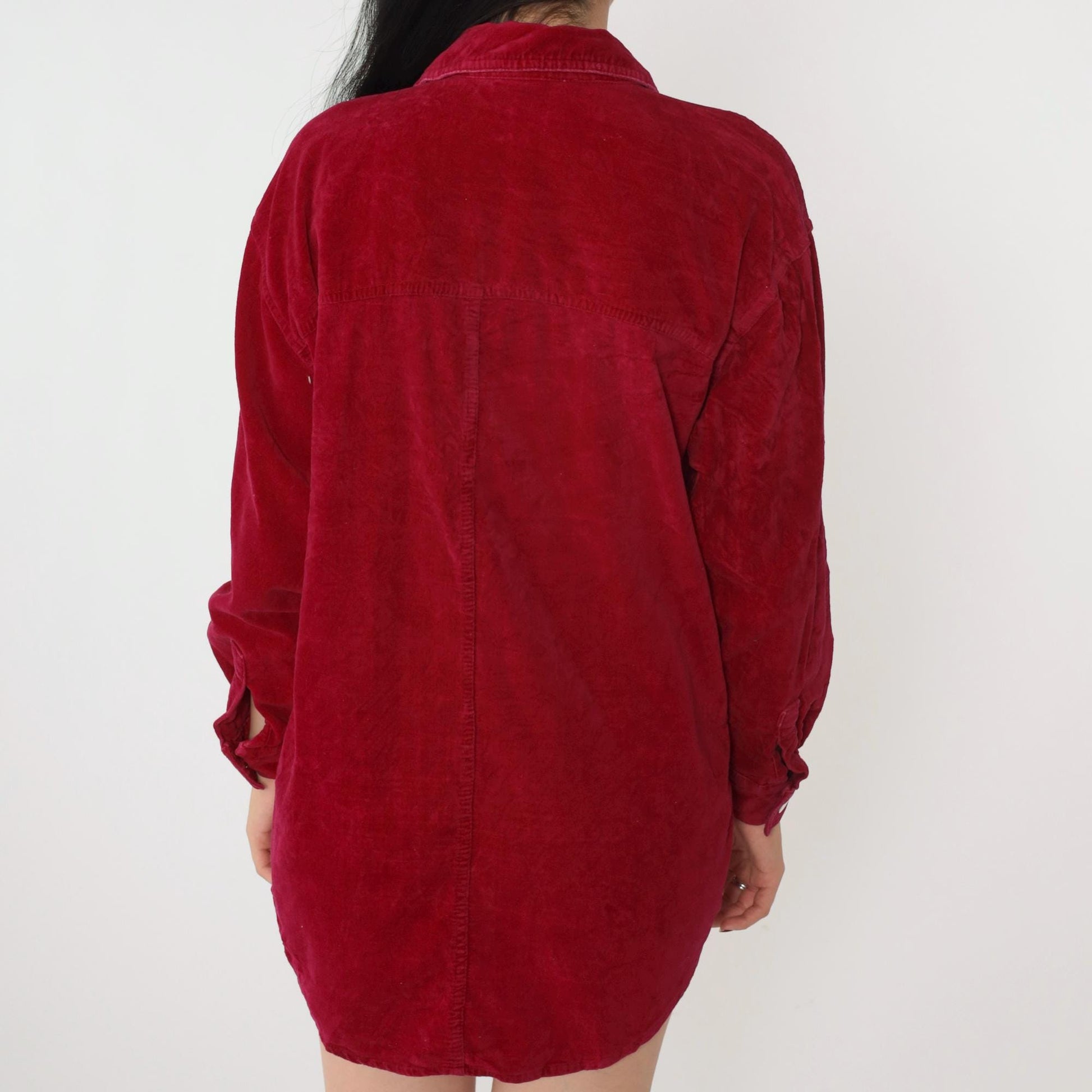 90s Red Cotton Oxford Button-Up Blouse Long Sleeve Chest Pocket Small