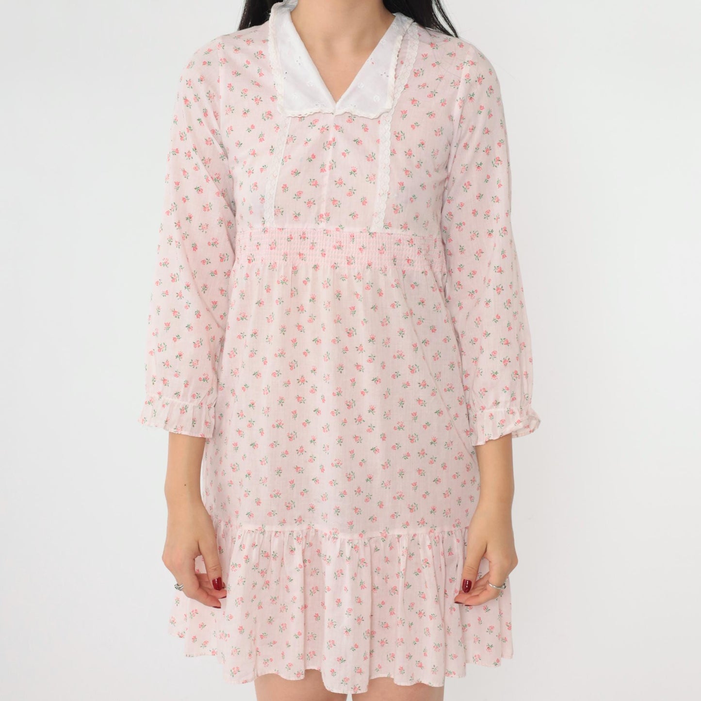 70s Floral Babydoll Dress Baby Pink Empire Waist Mini 3/4 Sleeve Extra Small