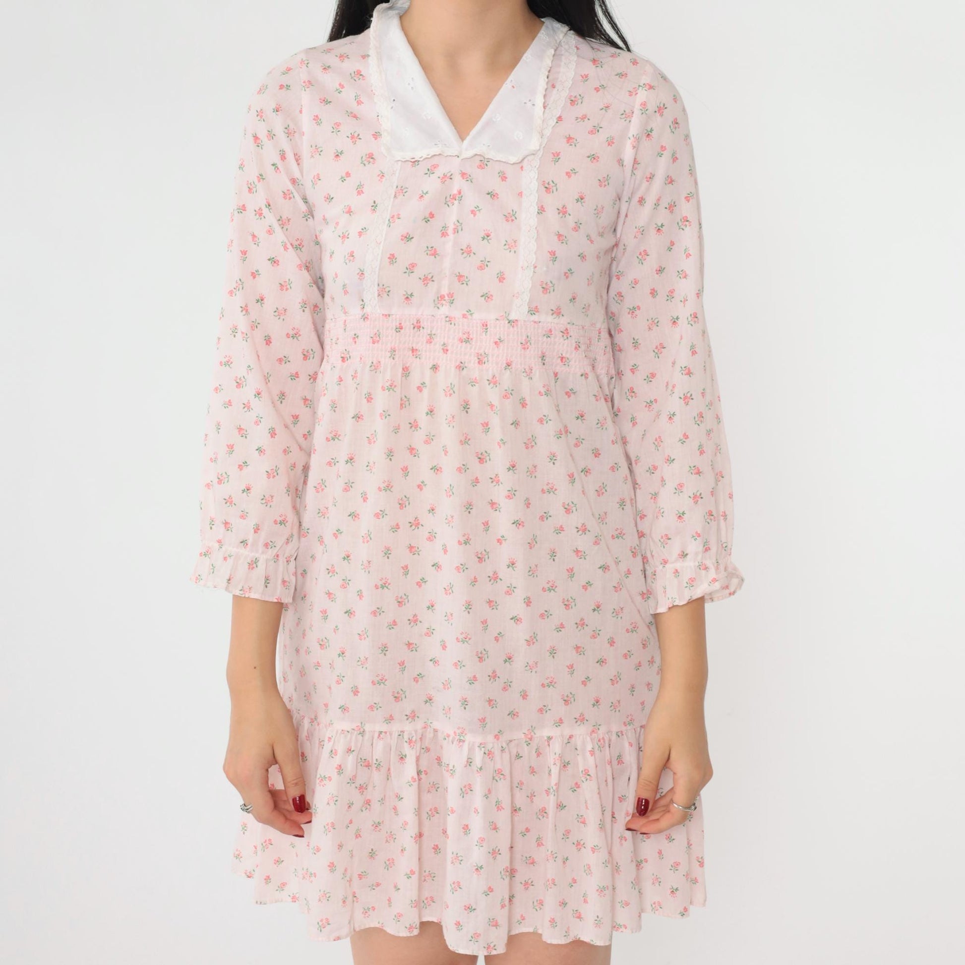70s Floral Babydoll Dress Baby Pink Empire Waist Mini 3/4 Sleeve Extra Small