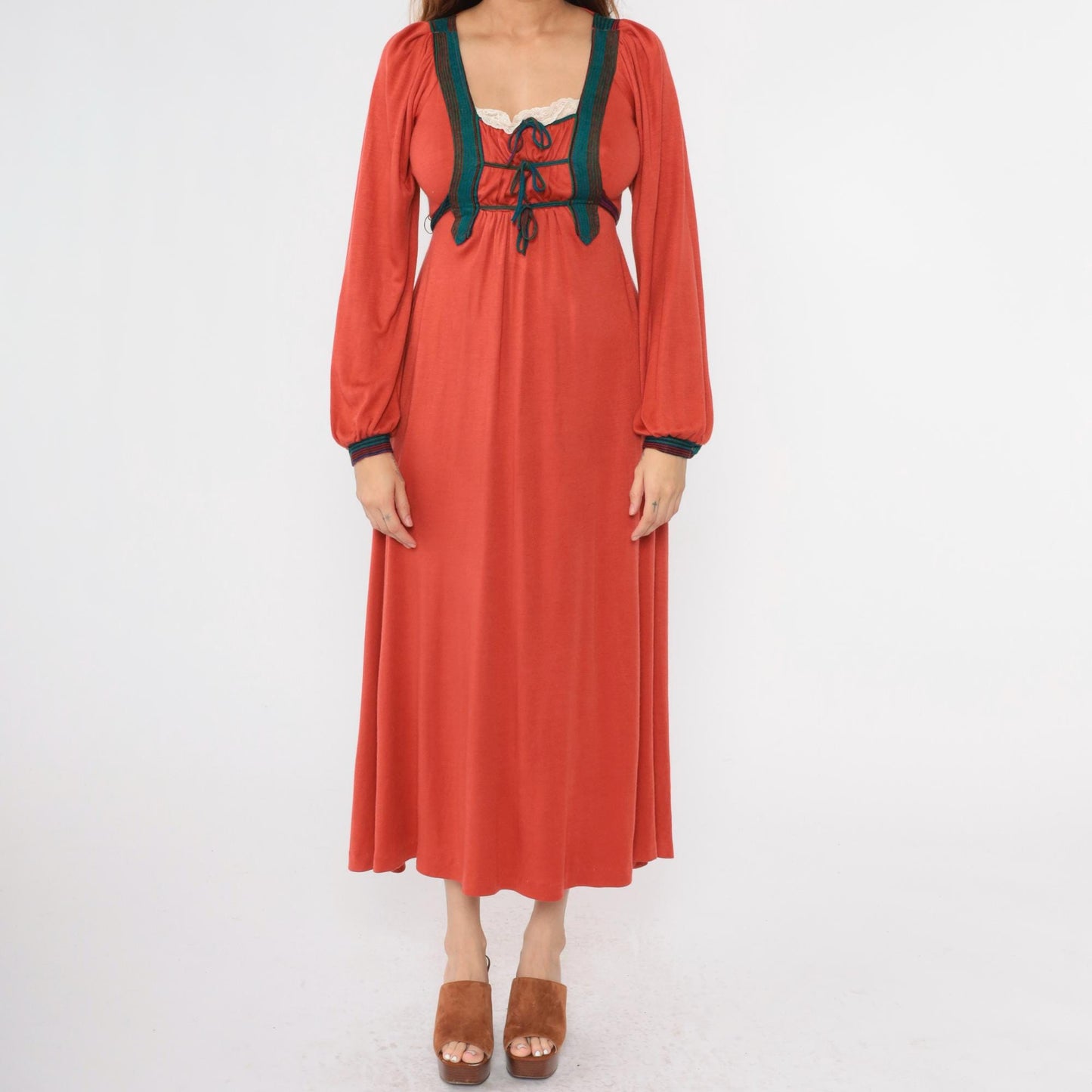 70s Rust Orange Prairie Maxi Dress Puff Sleeve Empire Waist Small Medium