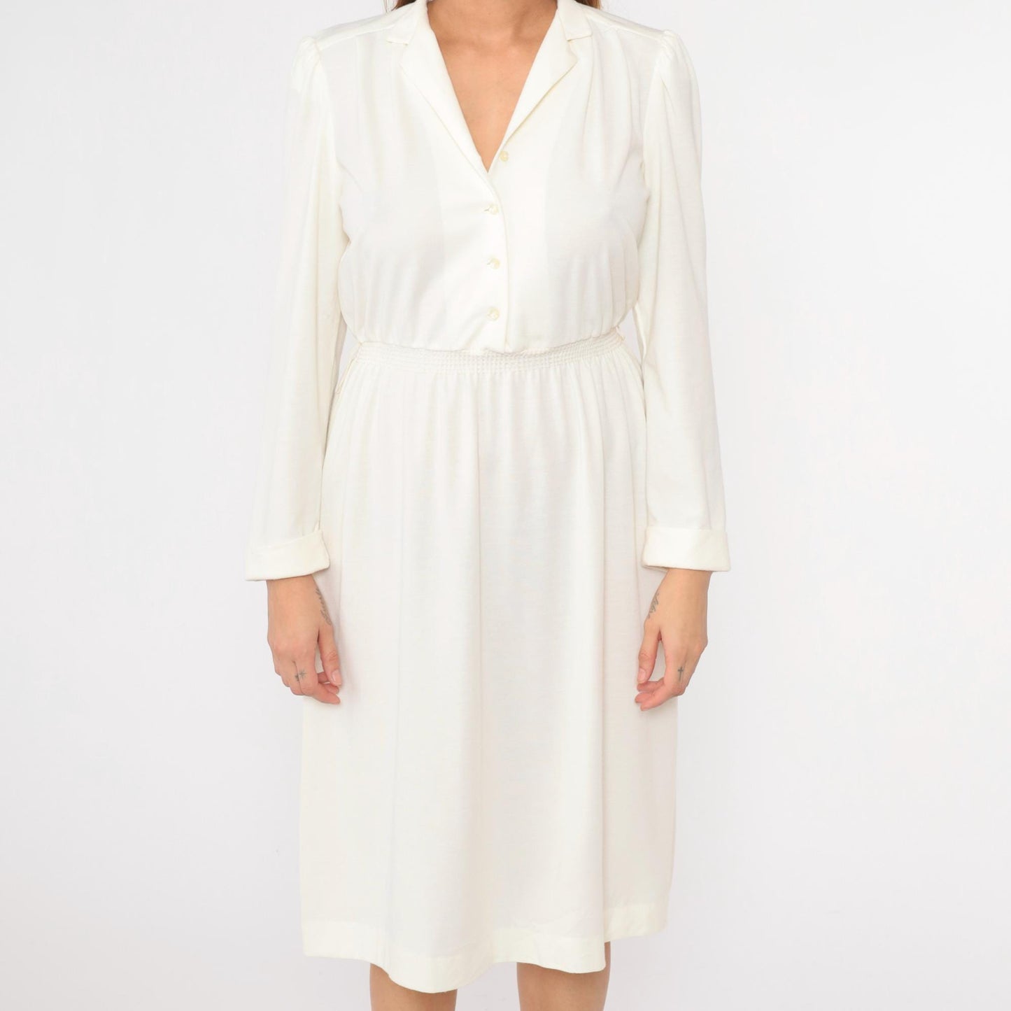 80s Off-White Puff Sleeve Shirtdress Midi High Waist Button Front Small