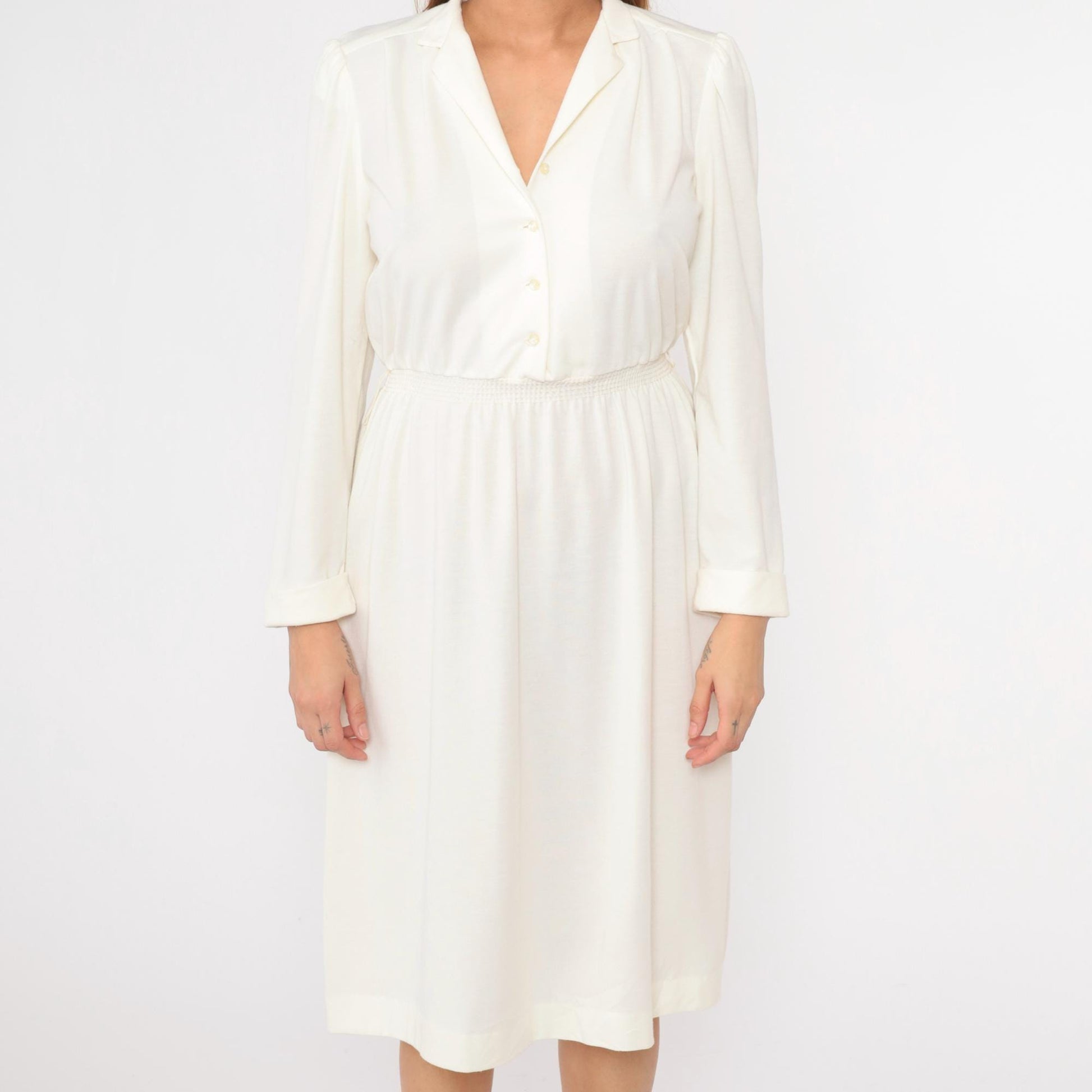 80s Off-White Puff Sleeve Shirtdress Midi High Waist Button Front Small