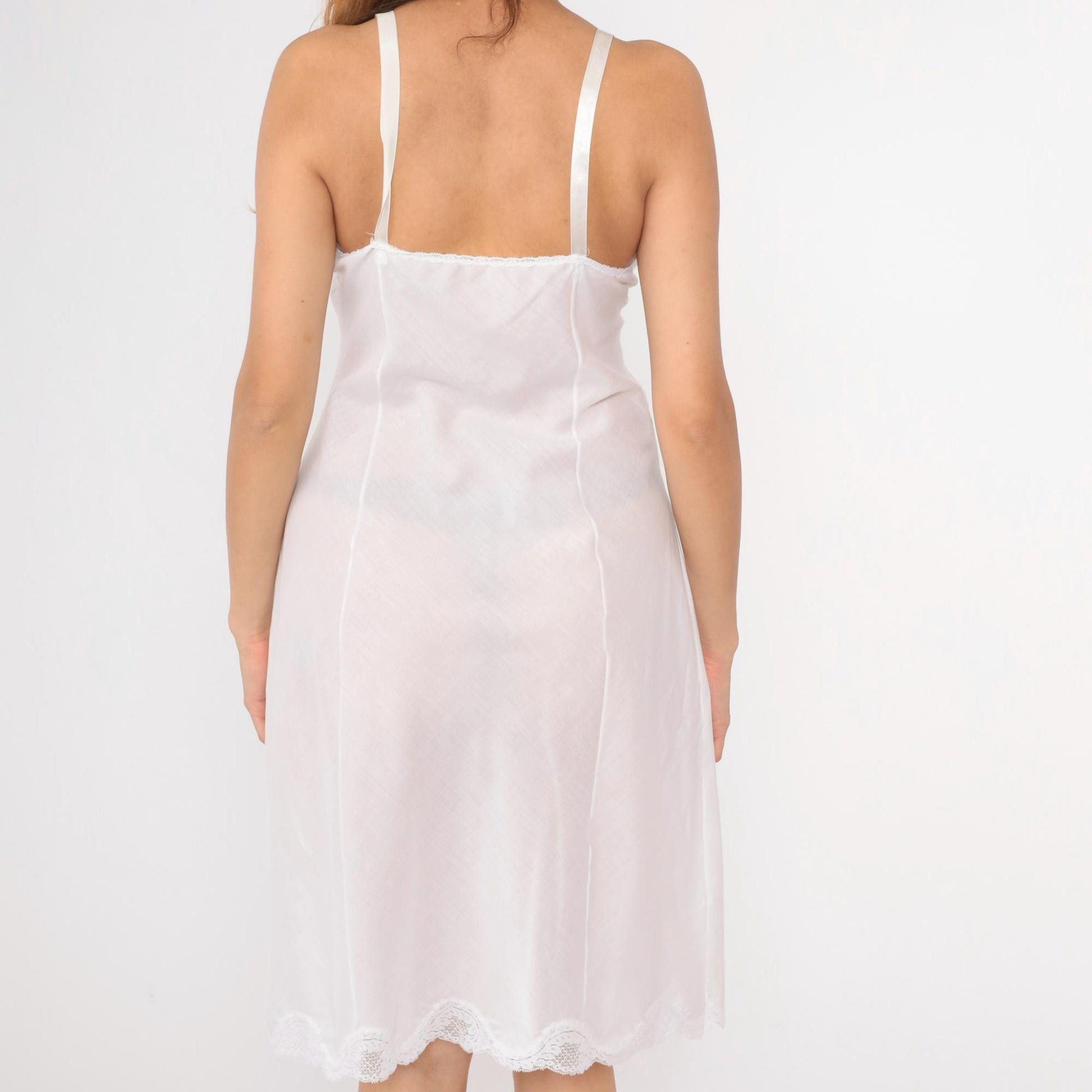 80s White Slip Dress Lace Trim Spaghetti Strap Knee-Length Medium