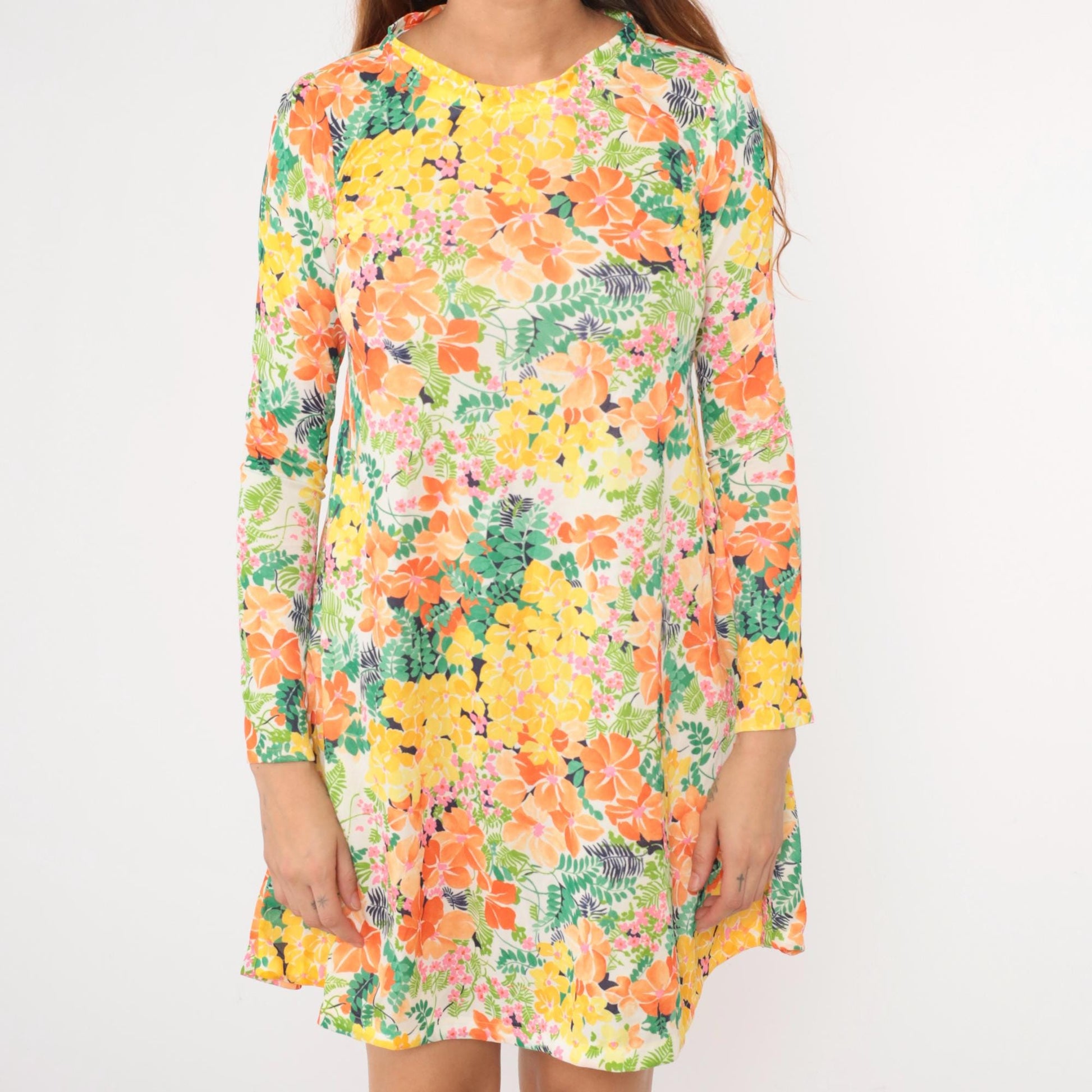70s Floral Mini Dress Shift Cut Long Sleeve A-Line Yellow Green Orange Small