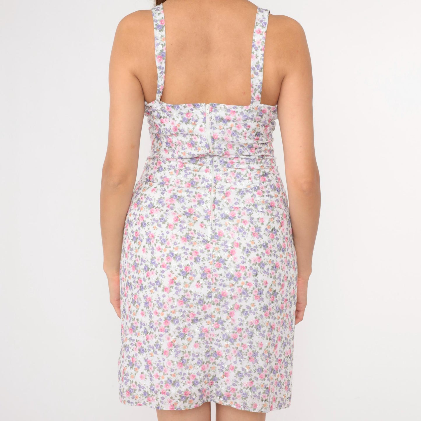 90s Ditsy Floral Mini Dress Empire Waist Embroidered White Lavender Pink Medium