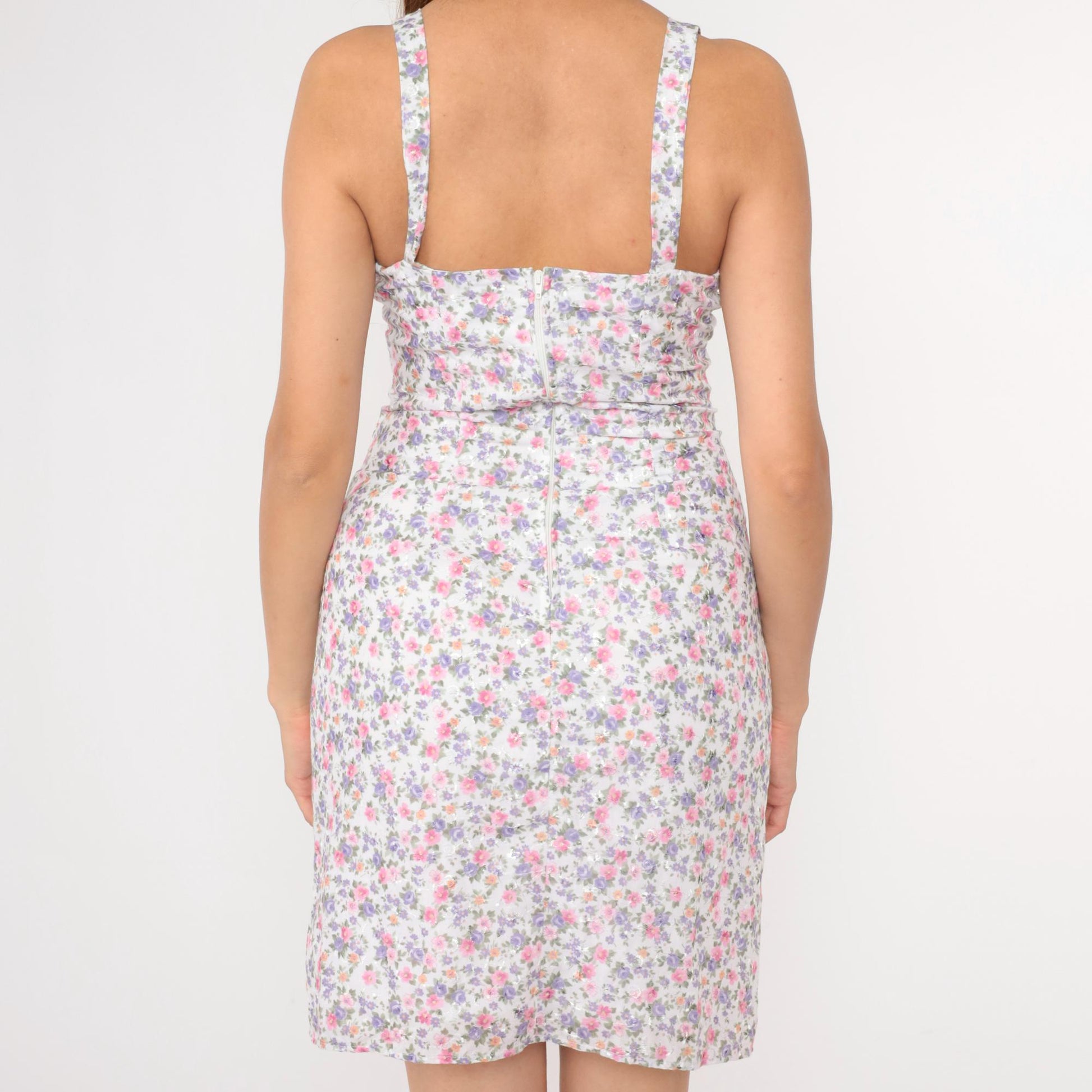 90s Ditsy Floral Mini Dress Empire Waist Embroidered White Lavender Pink Medium