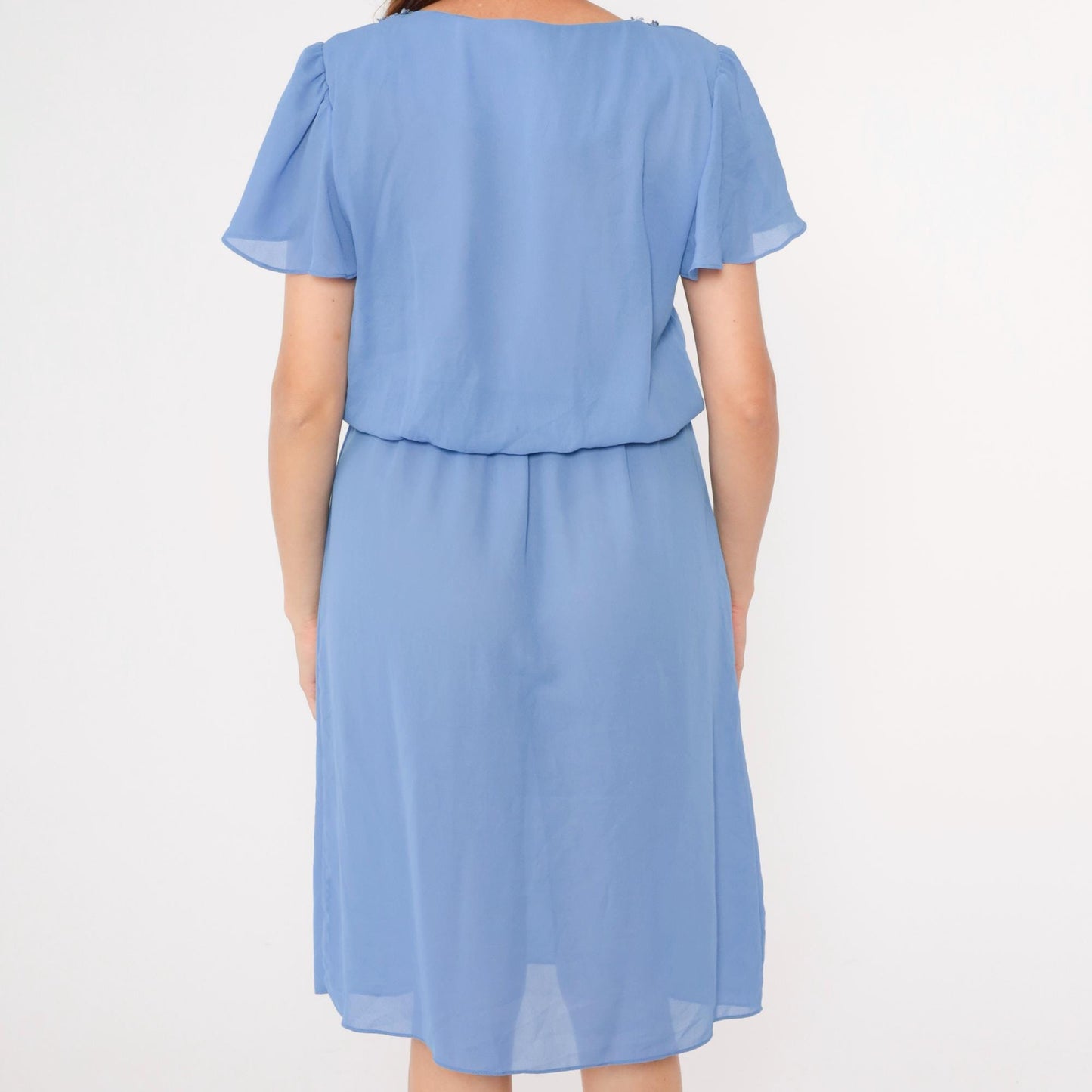 80s Blue Midi Dress Lace Collar Flutter Sleeve High Waist Pleated Medium