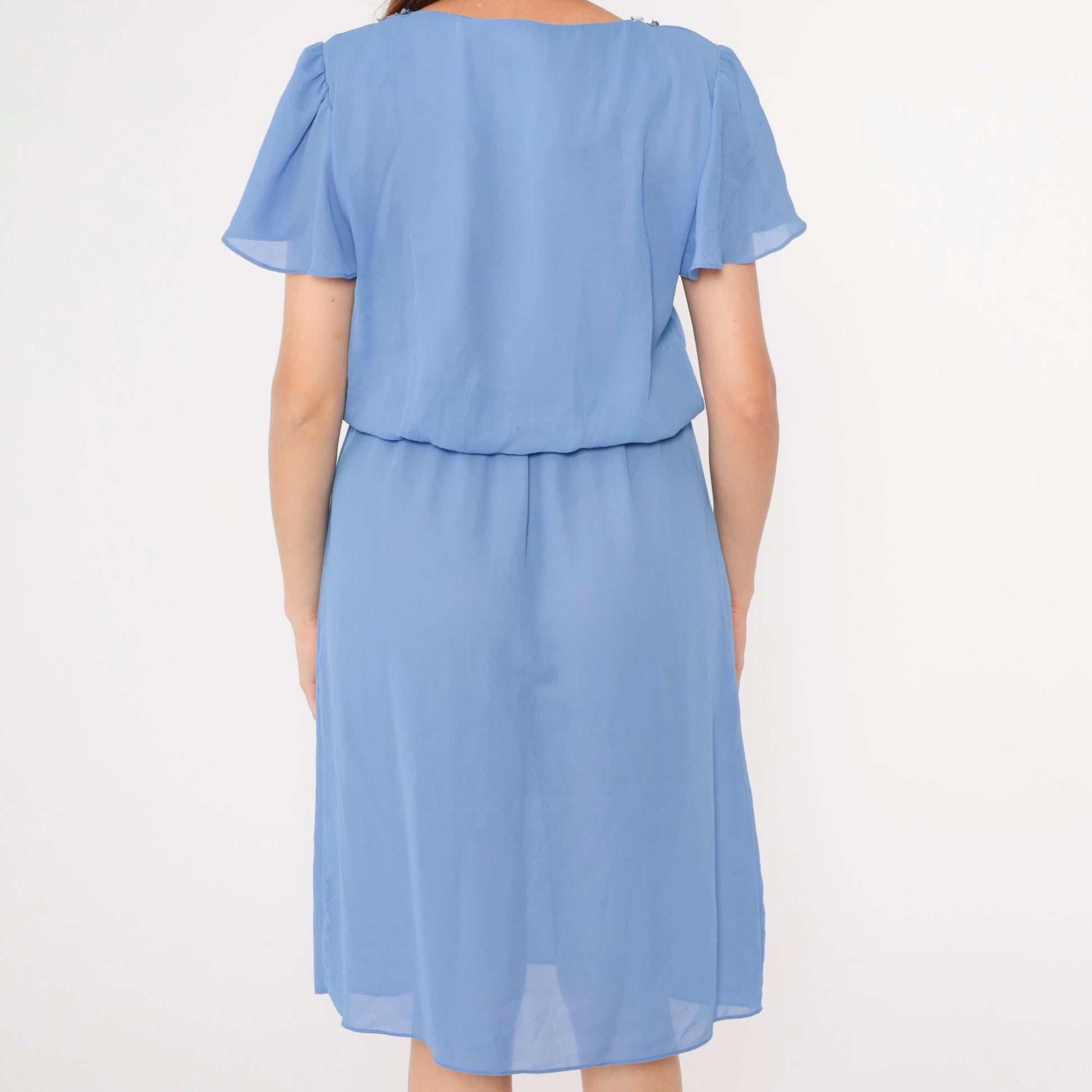 80s Blue Midi Dress Lace Collar Flutter Sleeve High Waist Pleated Medium