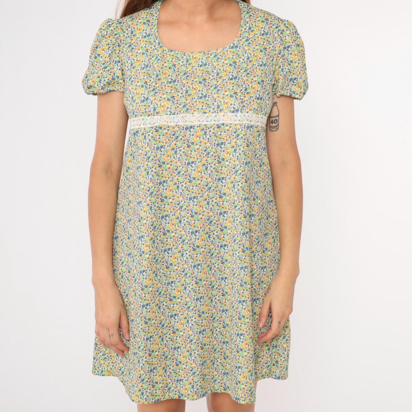 60s Floral Babydoll Dress Puff Sleeve Empire Waist Mini Green Blue Medium