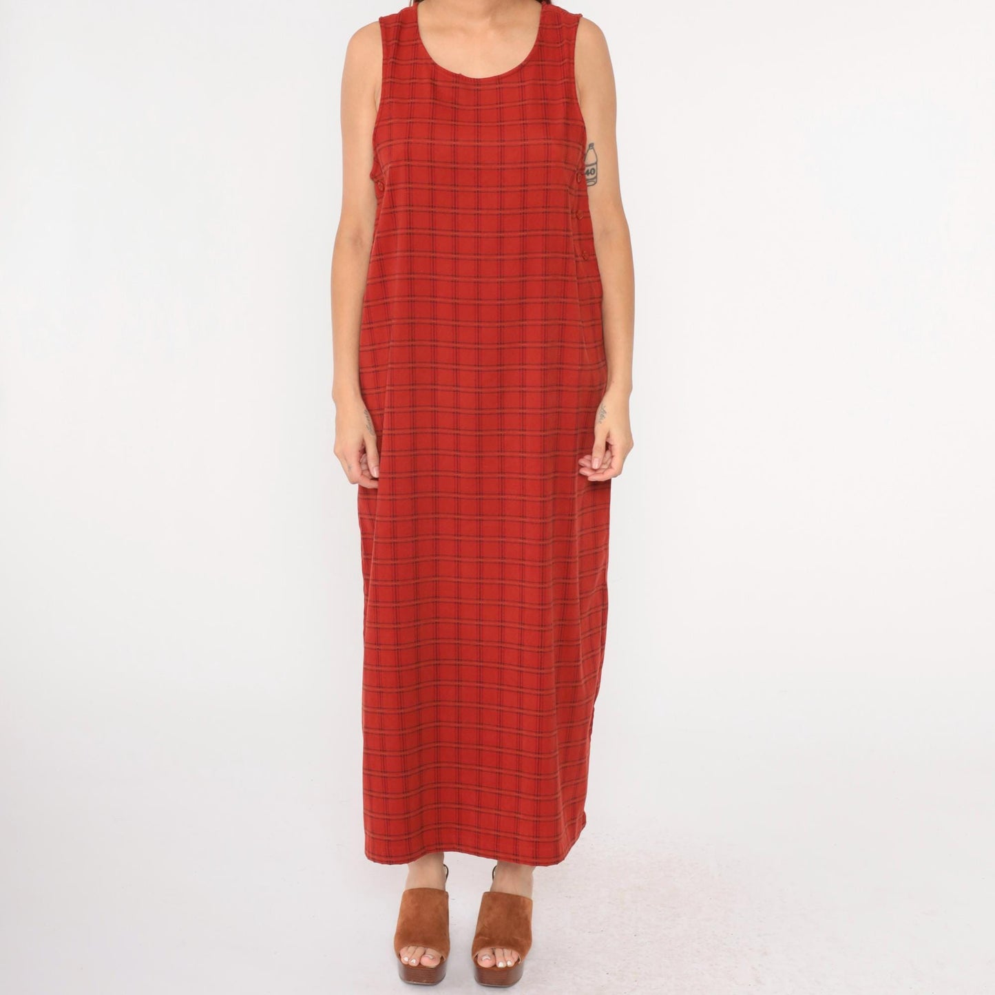 90s Red Checkered Maxi Pinafore Dress Scoop Neck Side Buttons Medium