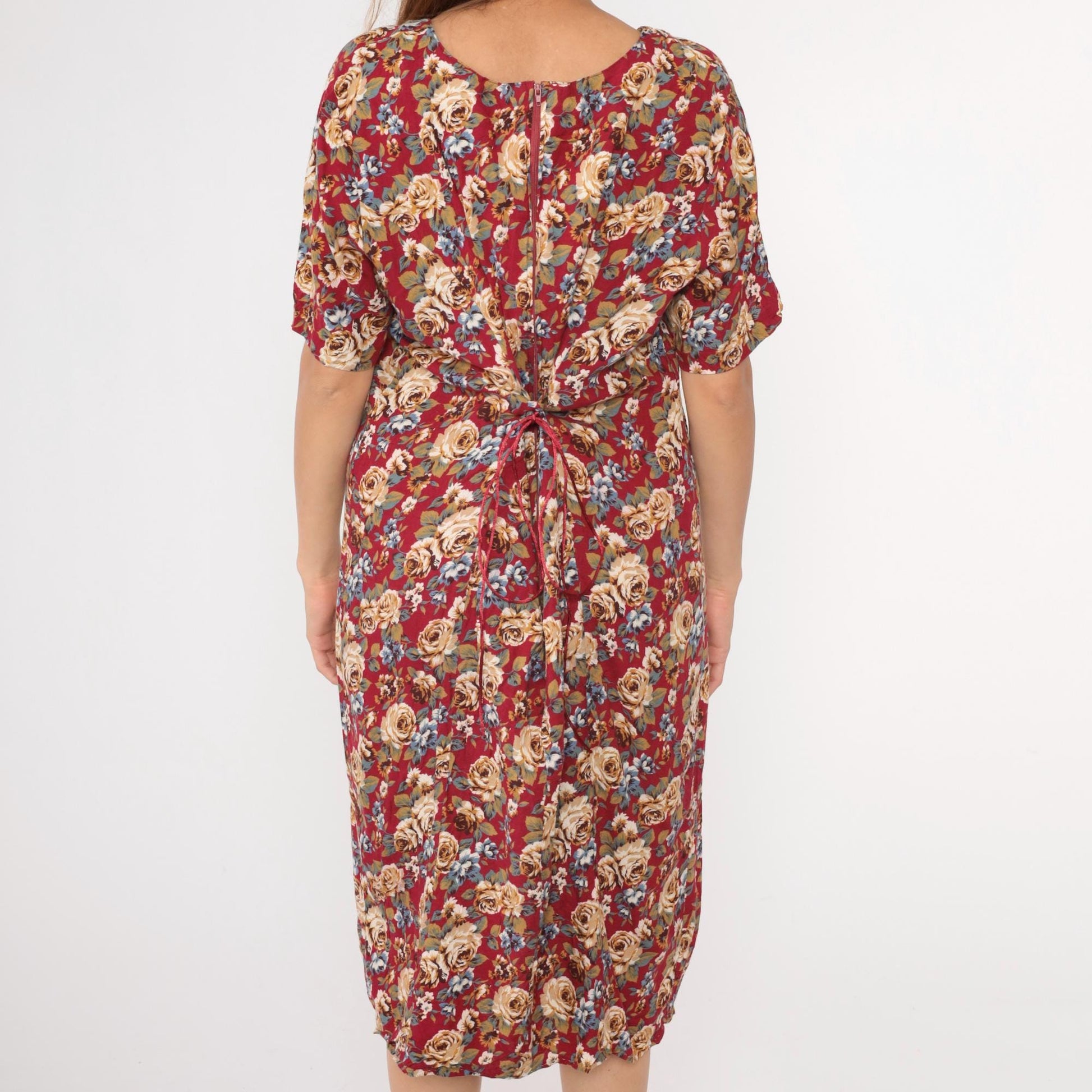 90s Red Floral Midi Dress Side Slit Sheath Princess Seam Medium Large