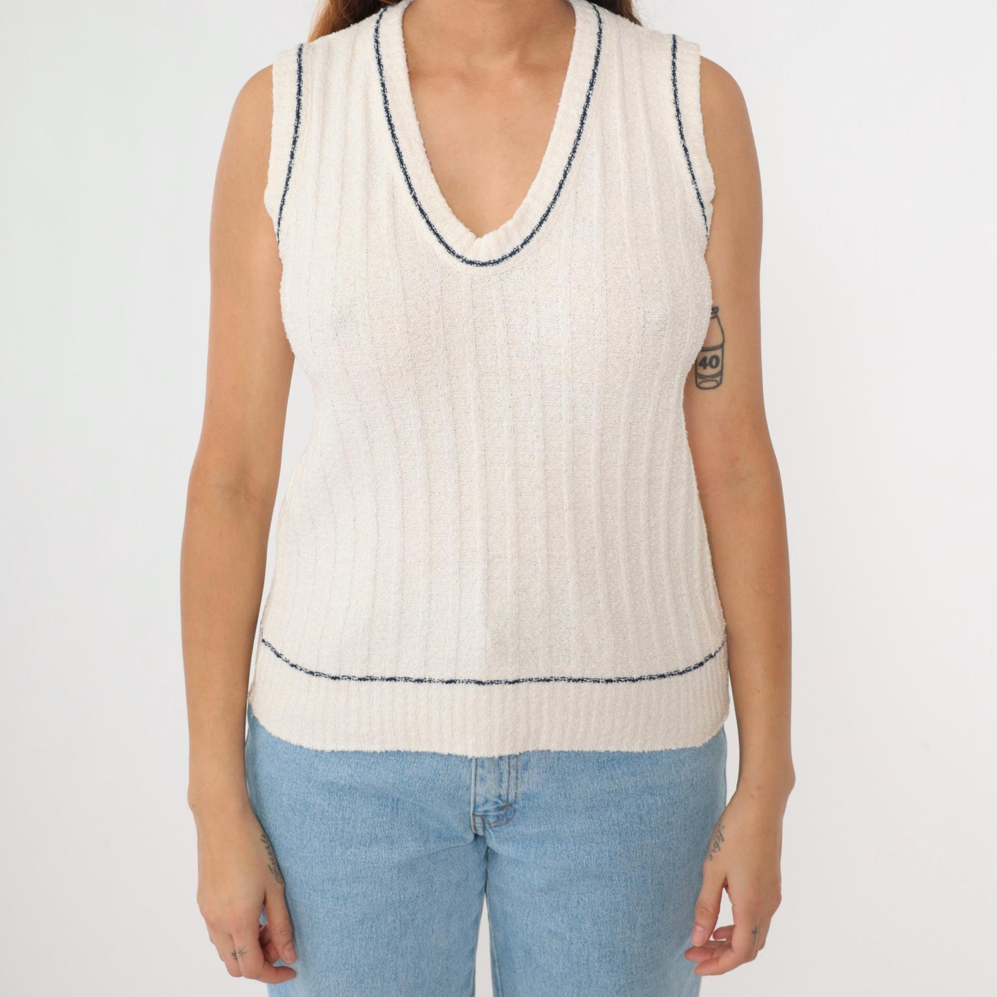 70s Sabra Sweater Vest White Ribbed Knit V-Neck Navy Trim Small