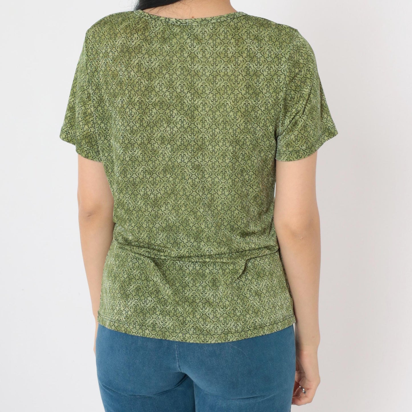 90s Olive Green Geometric Lattice Print Top Split V-Neck Short Sleeve Medium Large