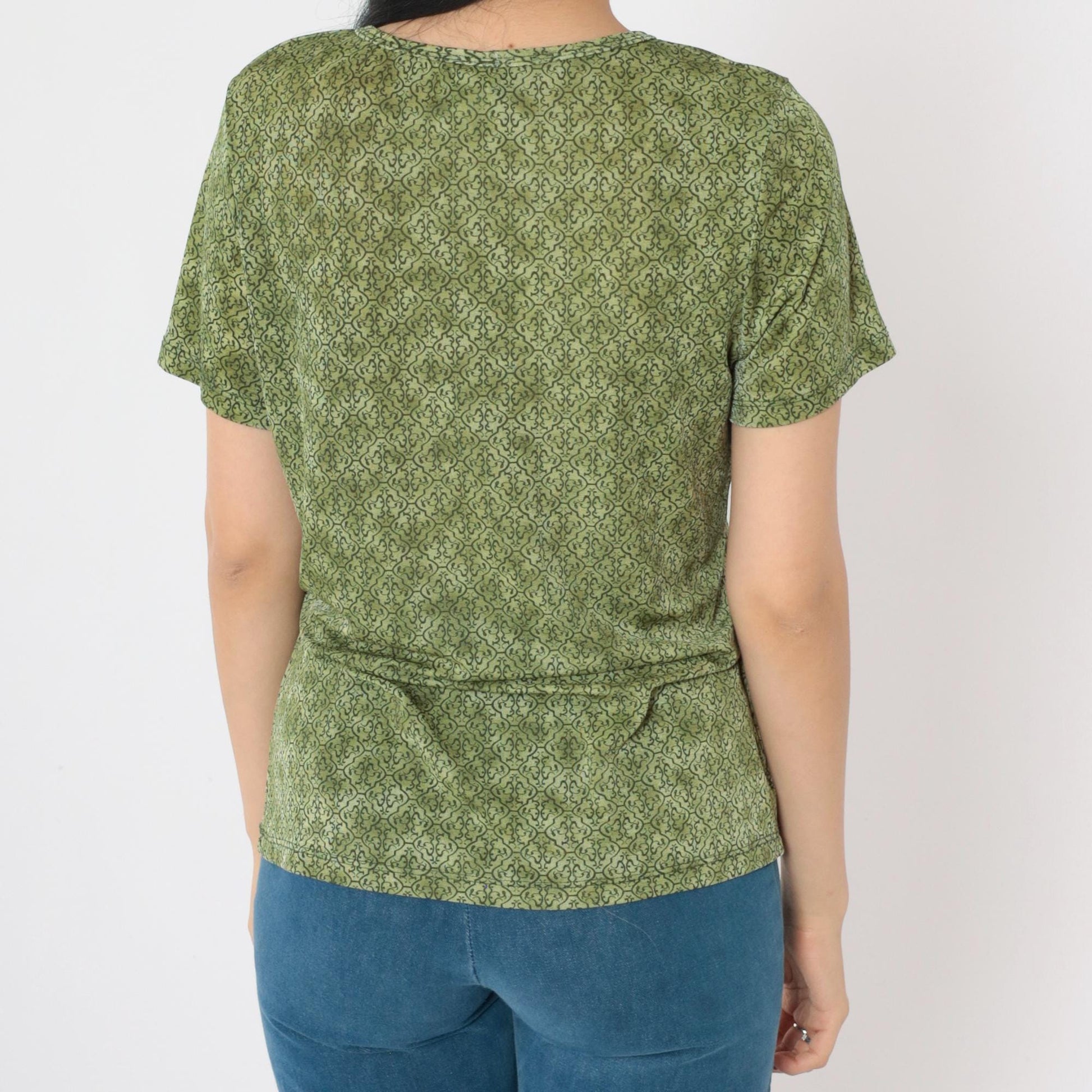 90s Olive Green Geometric Lattice Print Top Split V-Neck Short Sleeve Medium Large