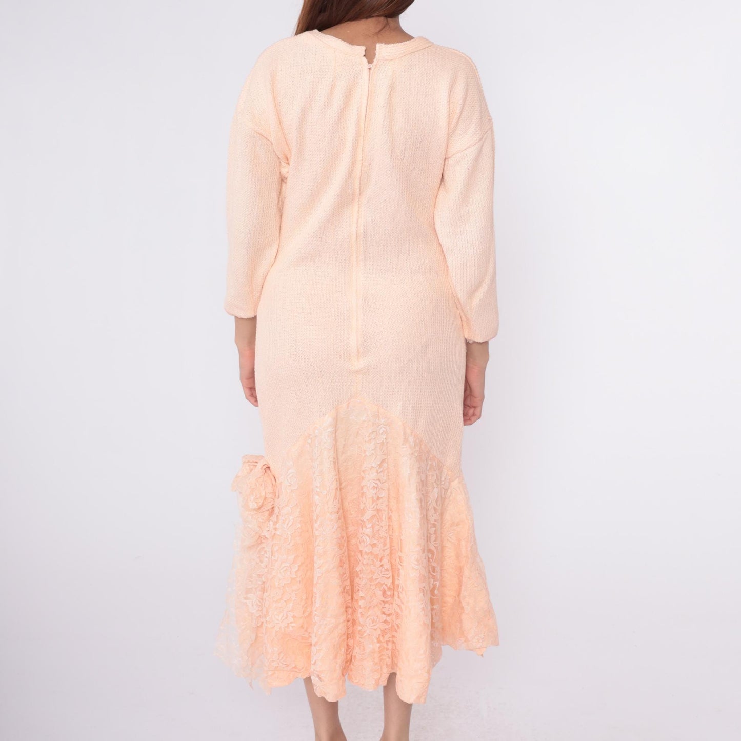 80s Peach Knit Midi Dress V-Neck Lace Mermaid Hem Long Sleeve Medium