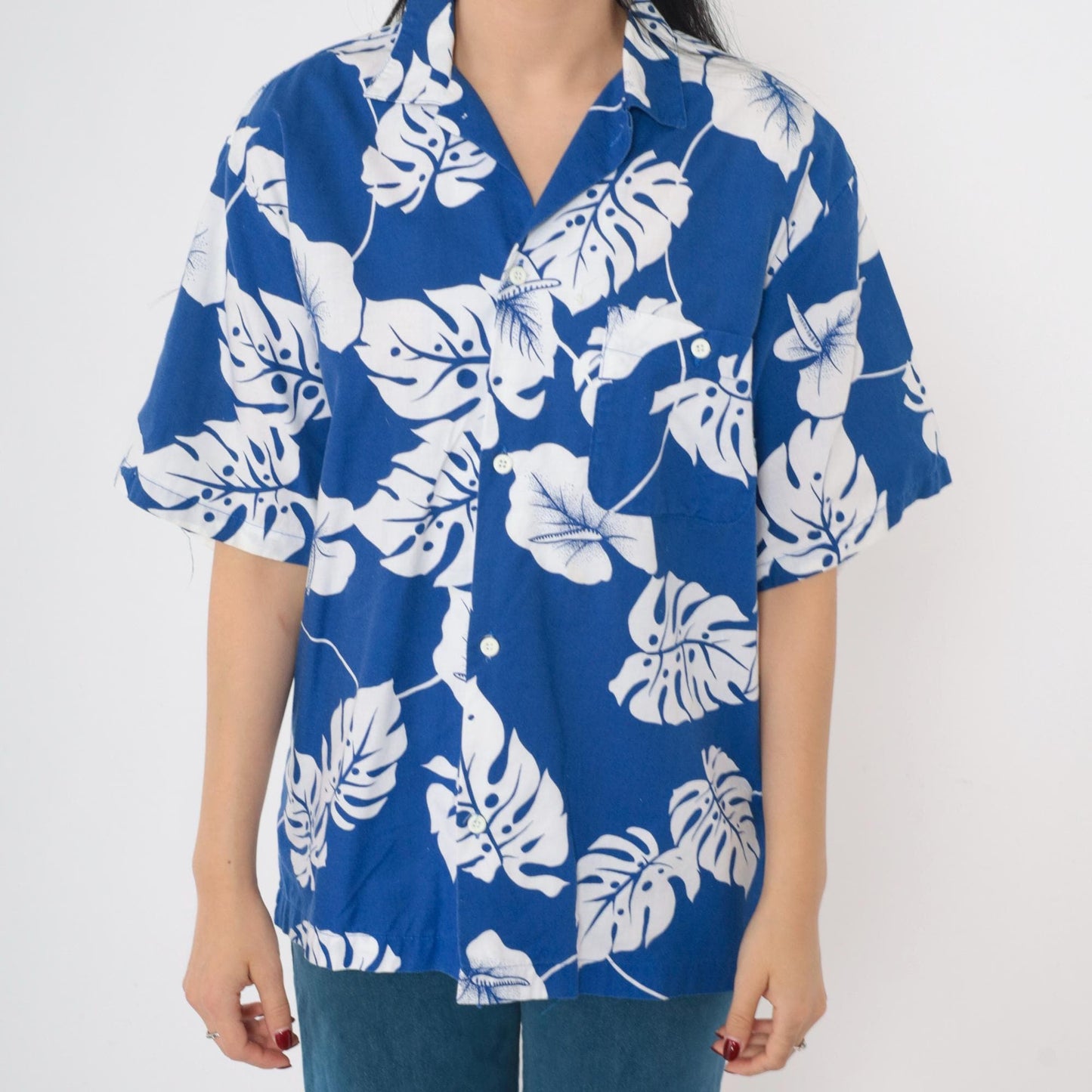 90s Newport Blue Hawaiian Shirt Toucan Monstera Tropical Floral Large L