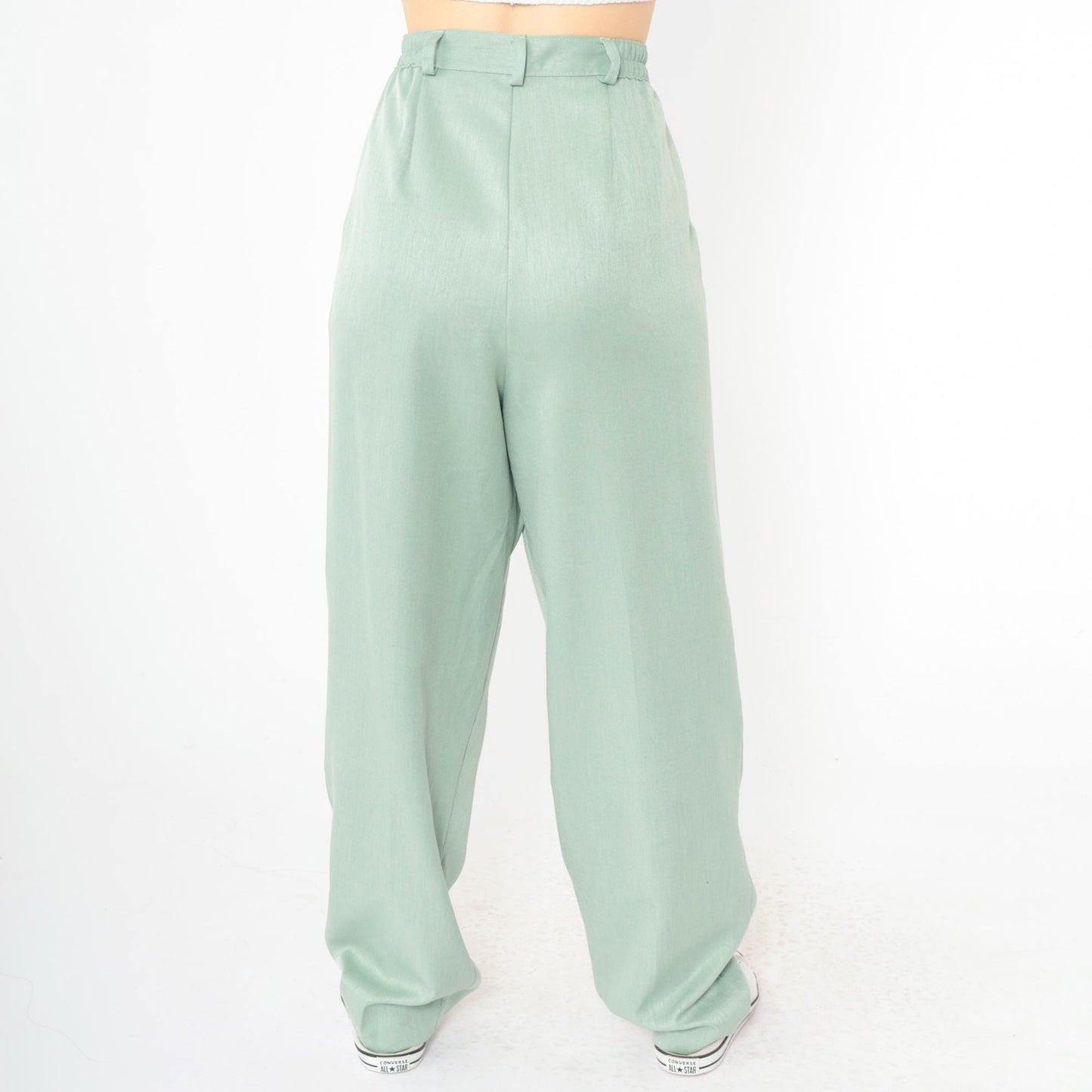 90s Light Green Pleated High-Waist Tapered Trousers Medium